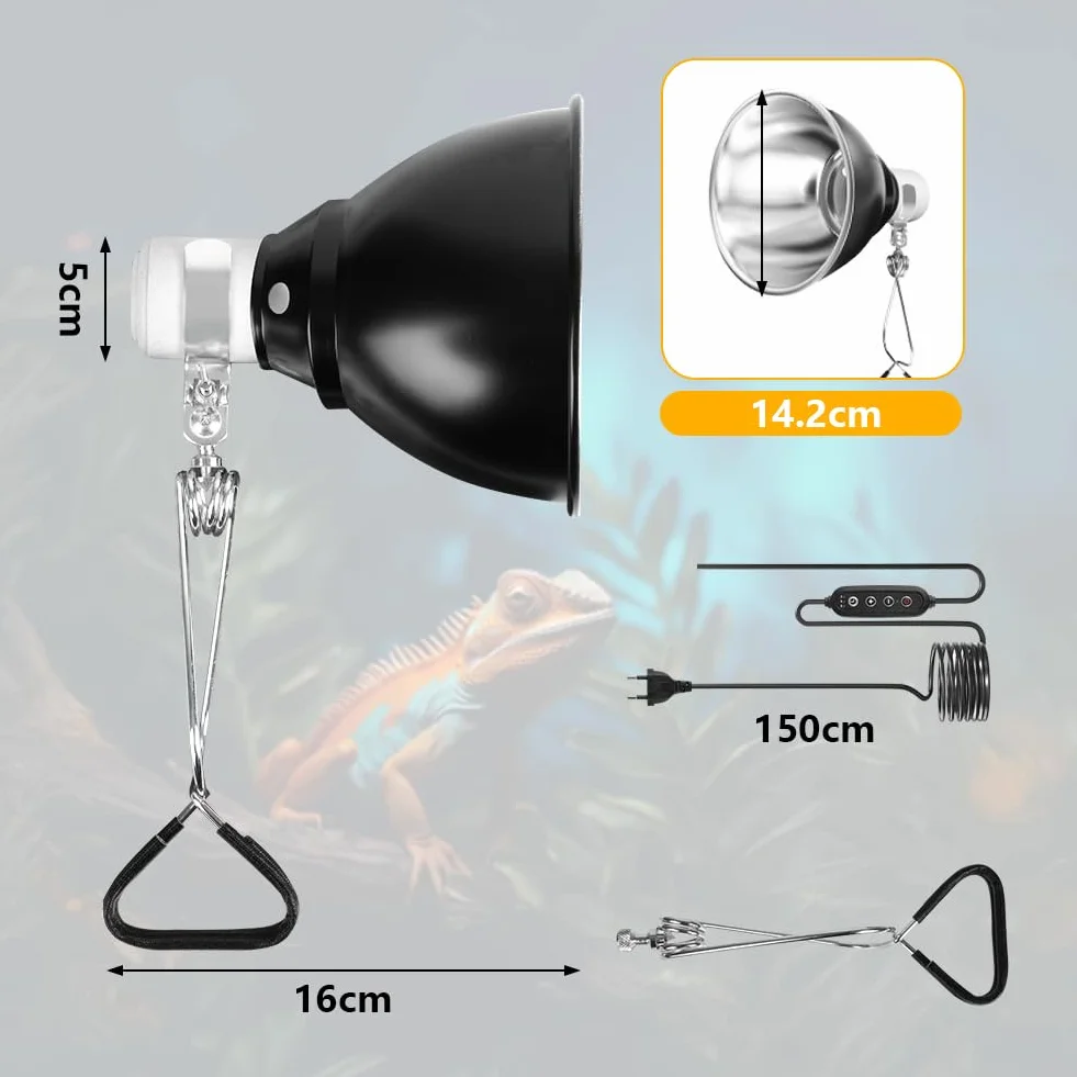 HOTUT Abat-jour chauffant pour reptile E27 avec clip, contrôle temps température, lampe dôme terrarium UVA UVB