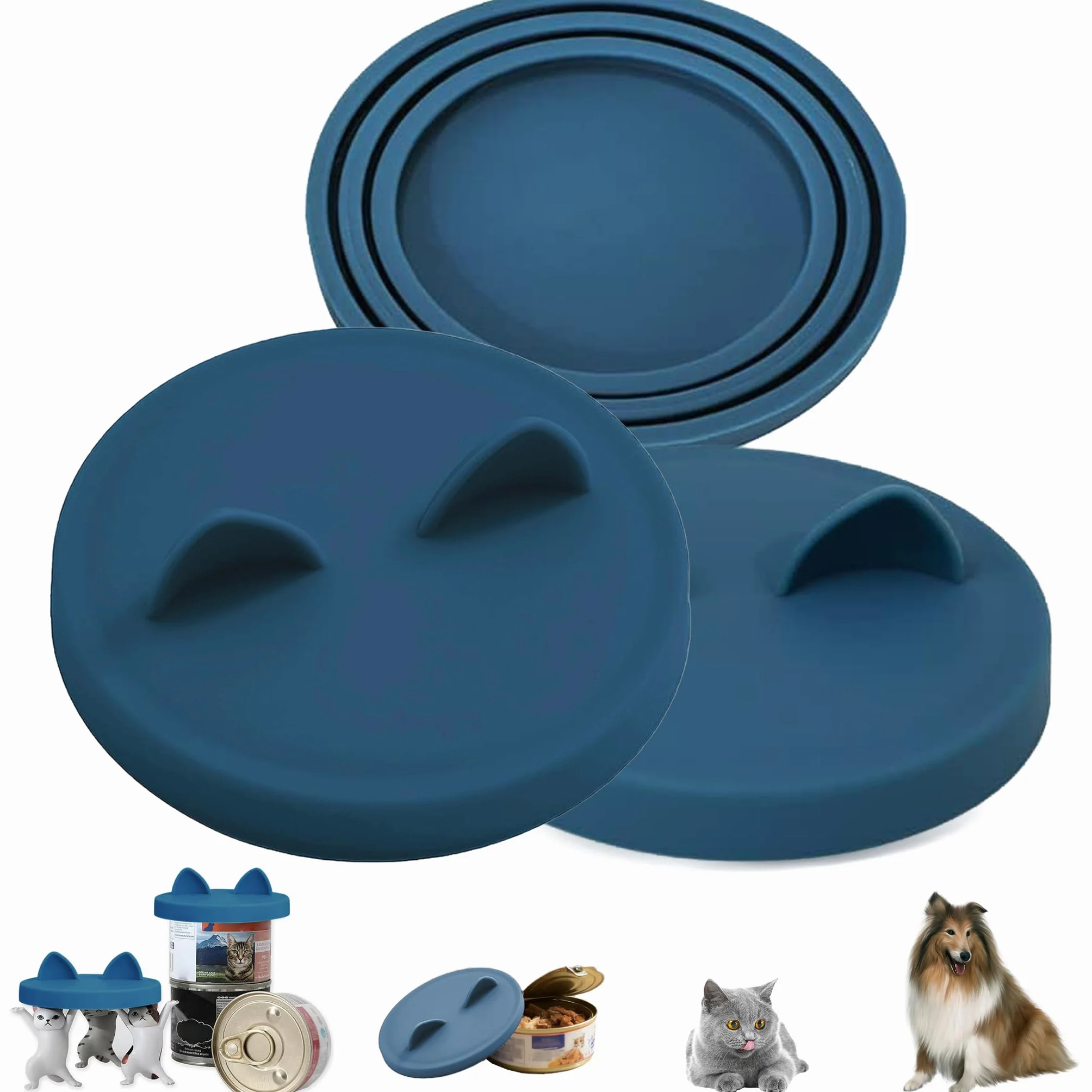 Couvercles de Boîte Universels en Silicone pour Nourriture pour Chat, Bleu Foncé, Passent au Lave-Vaisselle