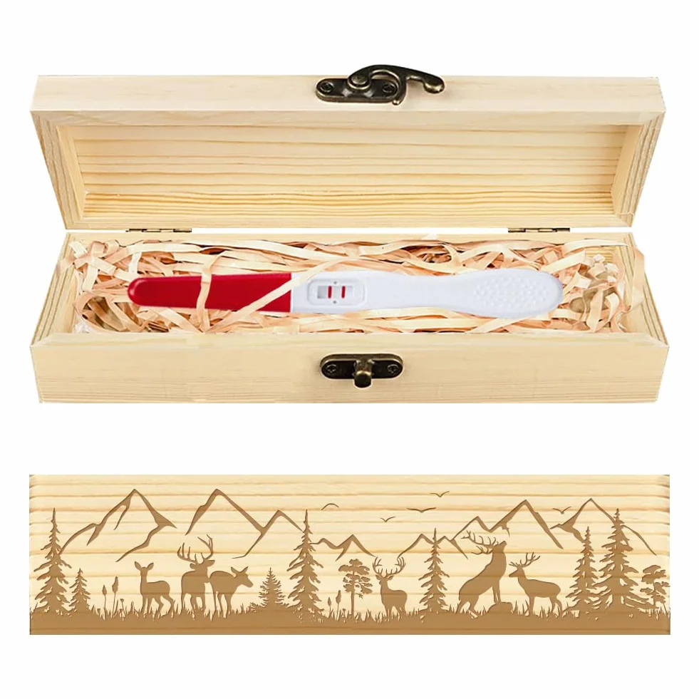 Coffret Cadeau en Bois avec Ruban en Raphia et Cadenas pour Annonce de Grossesse Souvenir Test de Grossesse Forêt Cerf 8x2x1.2 pouce