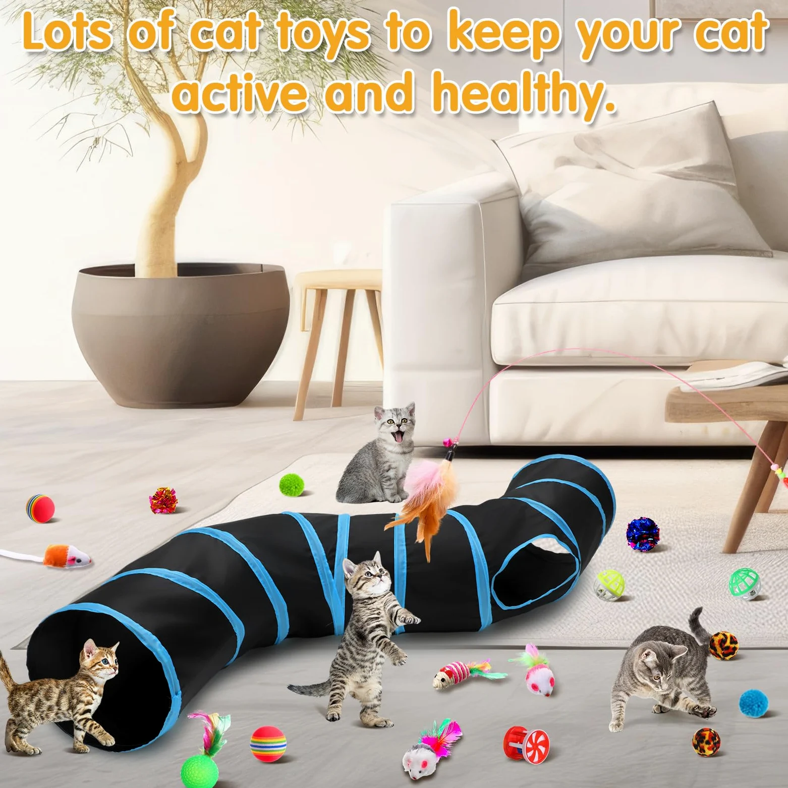 Poen Lot de 22 jouets pour chat avec 2 tunnels pliables et 20 jouets interactifs en plumes pour chat, souris moelleuse, balles froissées, pour chat, chaton et chiot (bleu, noir)