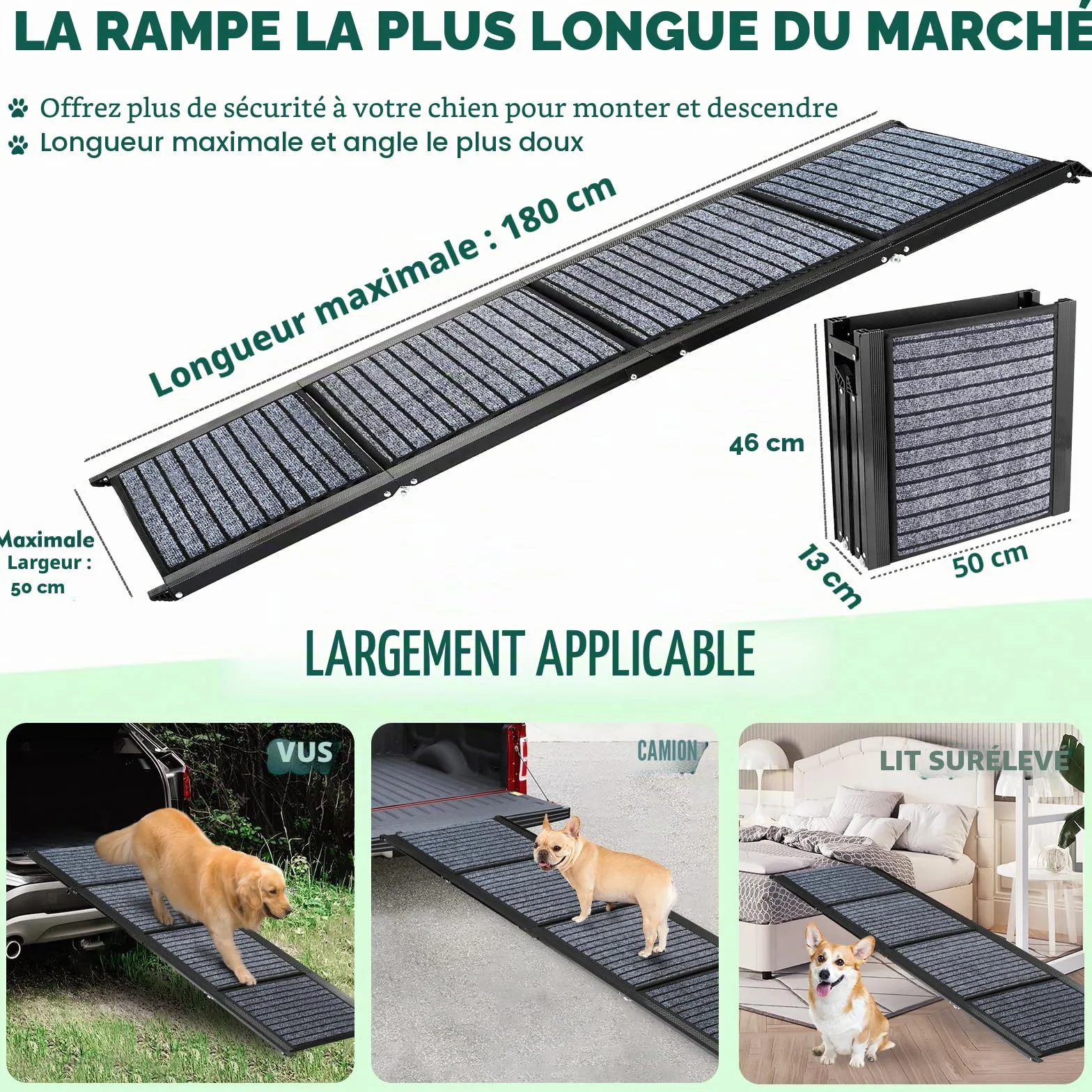 Rampe pour chien de 180 cm de long et 50 cm de large, pliable, avec tapis antidérapant, pliable pour l'extérieur, escalier, voiture, pour chiens de taille moyenne et grande dans un SUV et un camion