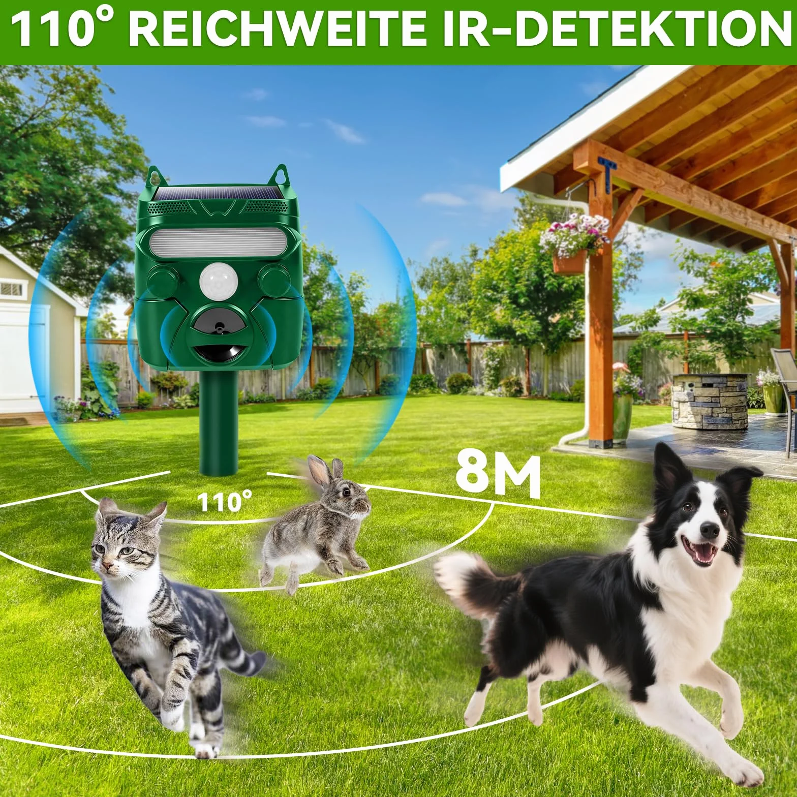 Répulsif pour Animaux à Ultrasons Solaire Extérieur avec Capteur, Charge USB pour Chat Chien Jardin