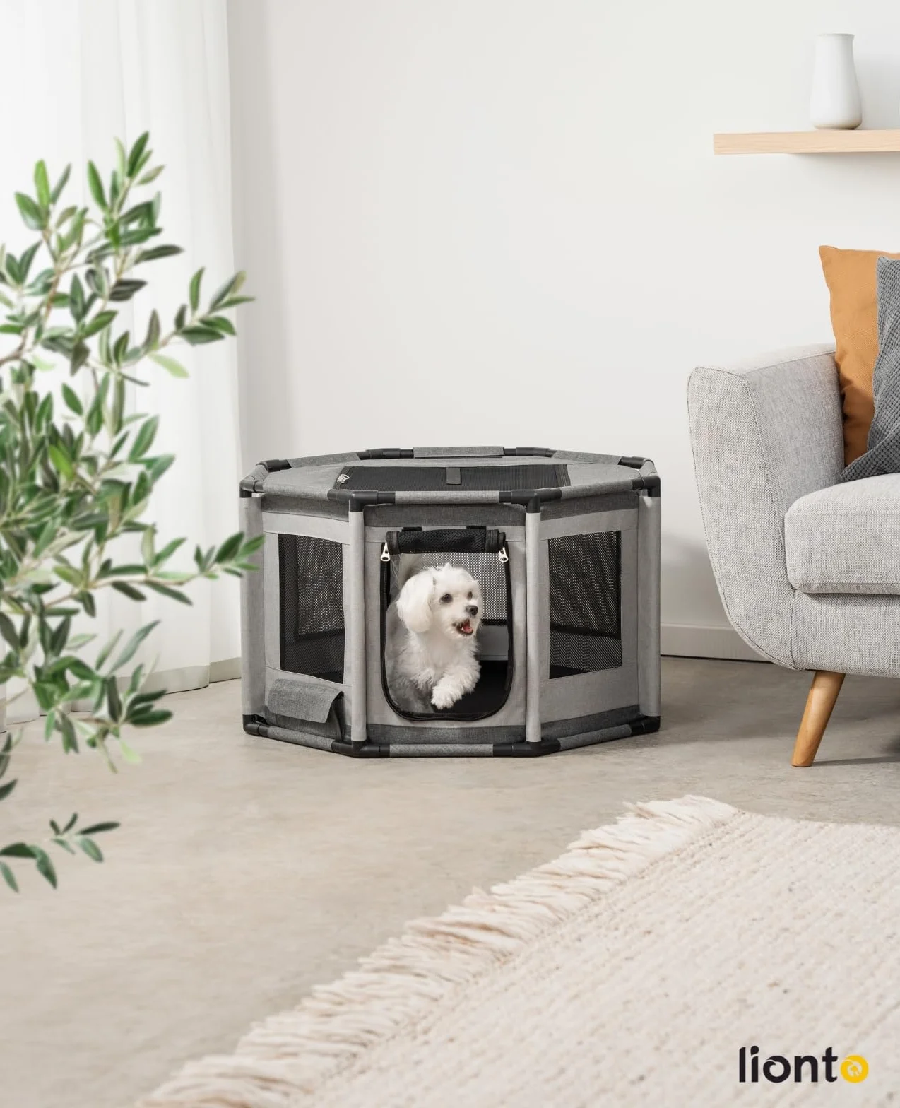 Lionto Enclos pour Chien en Tissu Oxford, Filet Respirant, Parc pour Chiens et Chats, Cage Octogonale 72x72x43 cm Gris