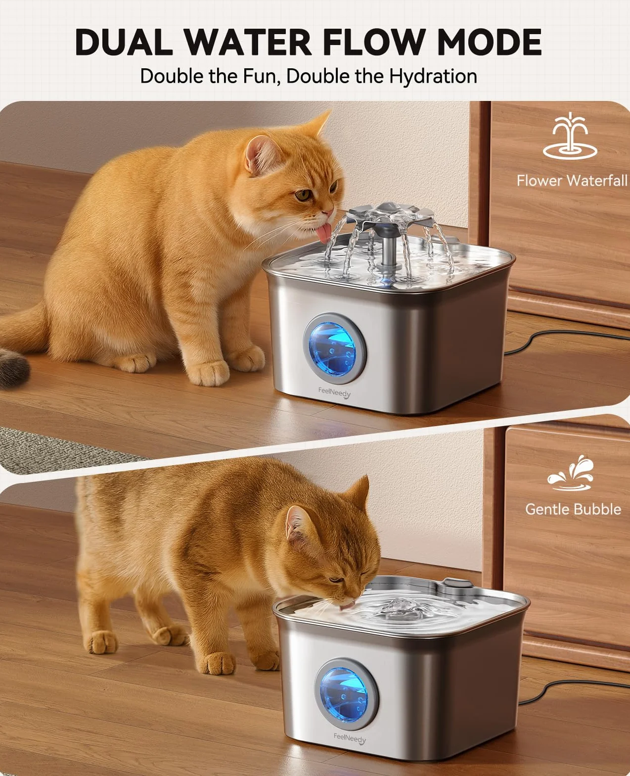 FEELNEEDY Fontaine à Eau pour Chat INOX 2,8L avec 3 Filtres, Système Quadruple Filtration