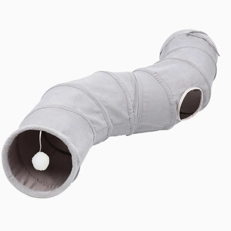 Tunnel pour Chat D'intérieur Jouets Pliables pour Chat Tube De Jeu en Forme De S Tunnel Froissé en Daim Gris pour Animaux De Compagnie avec Balle