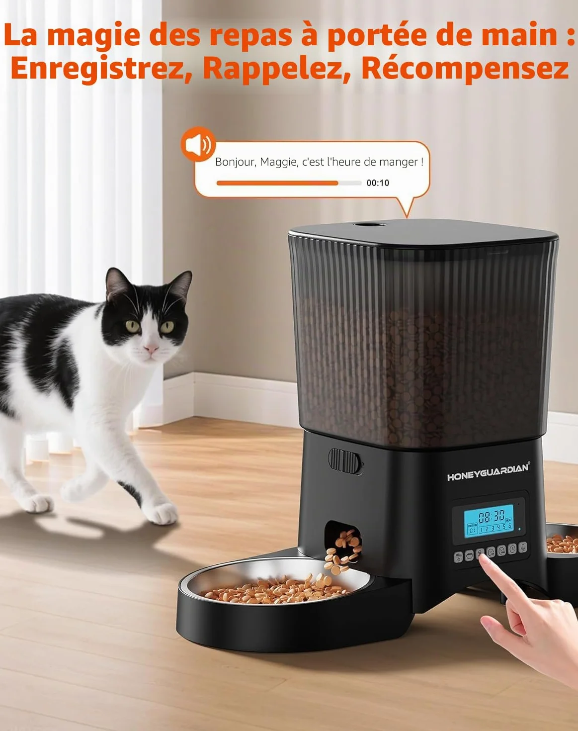 HoneyGuaridan Distributeur Croquettes Chat Automatique 3.5L 2 Bols avec Minuterie Programmable