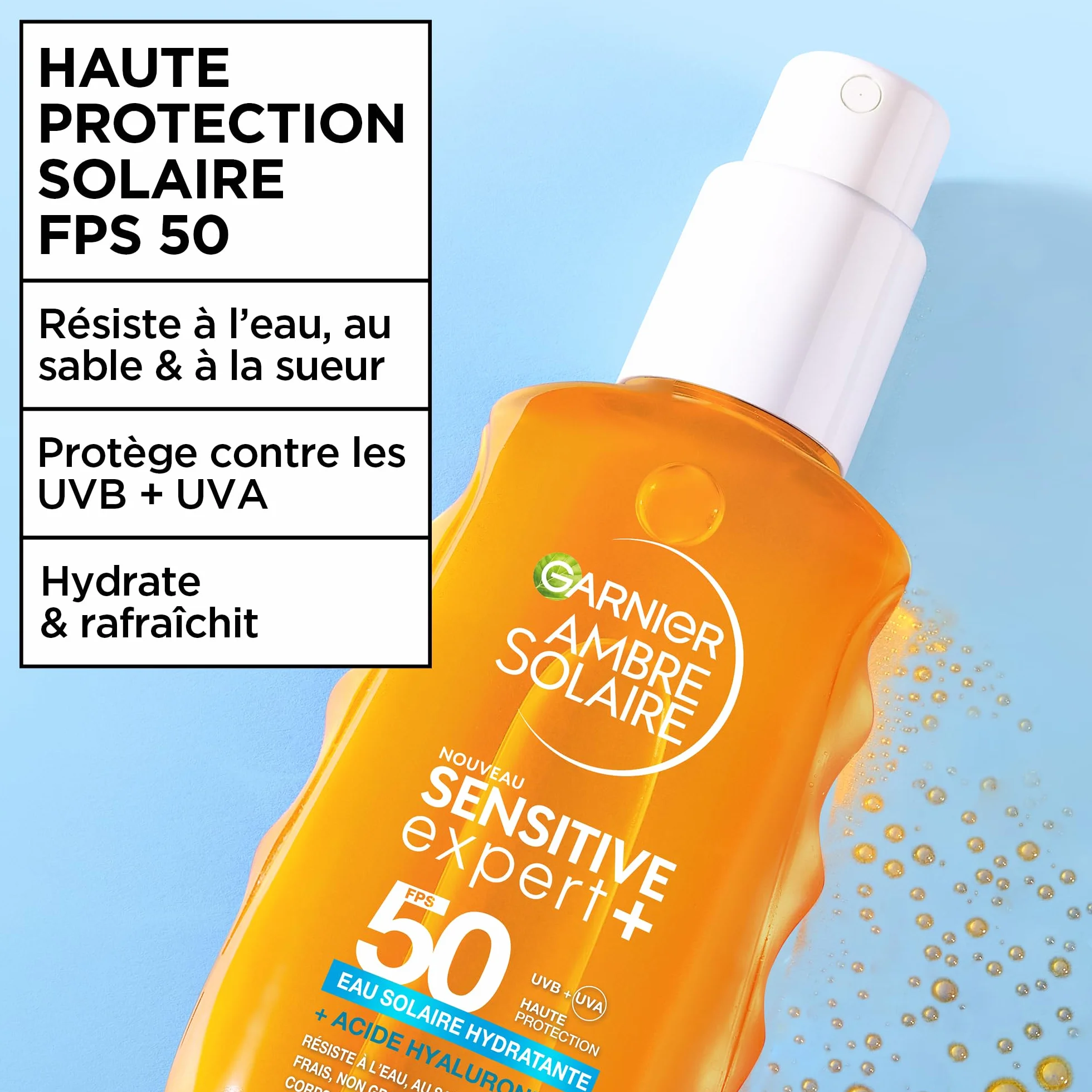 GARNIER Ambre Solaire Eau Biphase UV Sensitive Expert+ SPF 50 Visage Corps Cheveux Protection Solaire 150ml