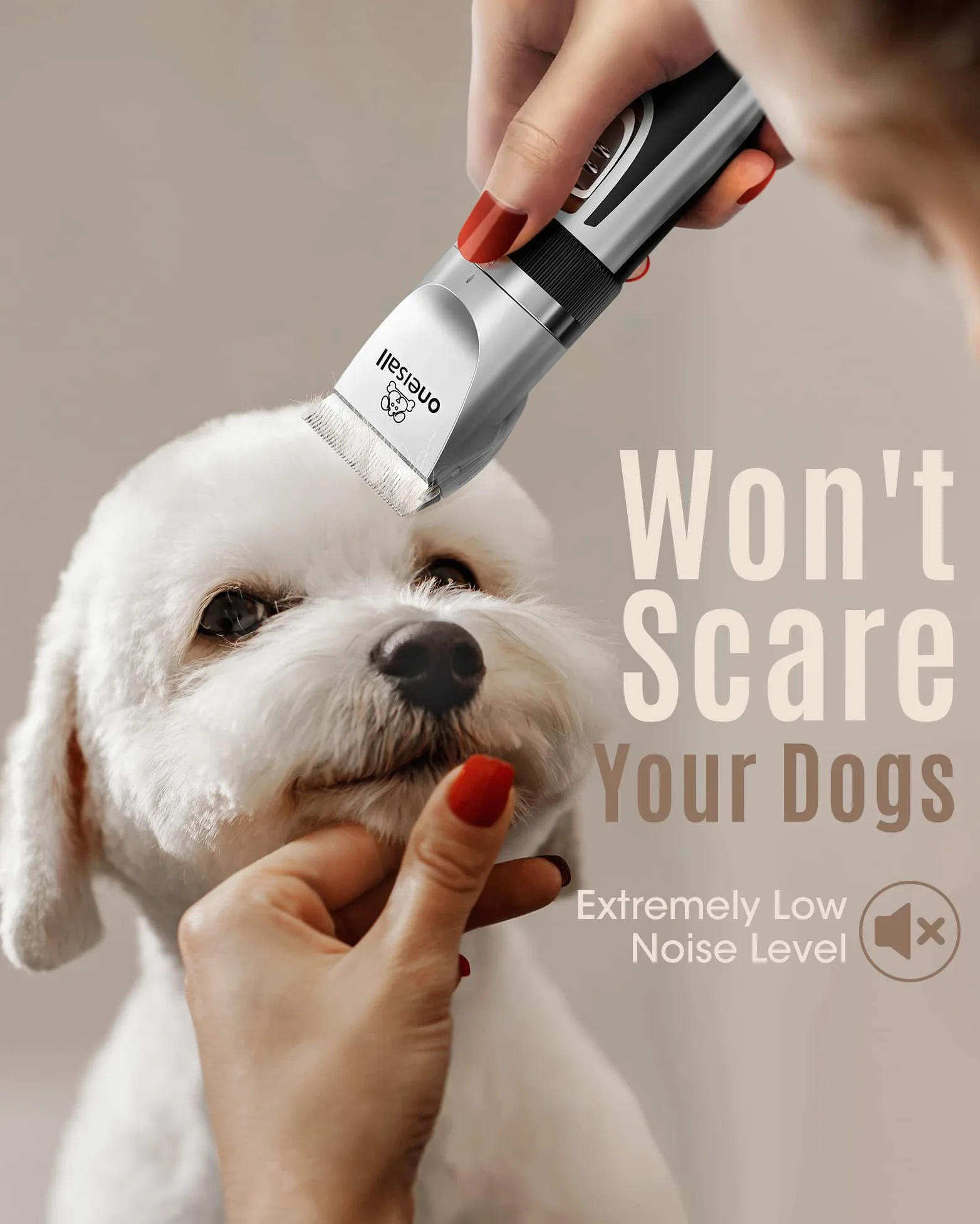 oneisall Tondeuse pour chien à faible bruit, kit de toilettage silencieux à 2 vitesses rechargeable sans fil pour animaux domestiques pour petits et grands chiens, chats et animaux (argent)