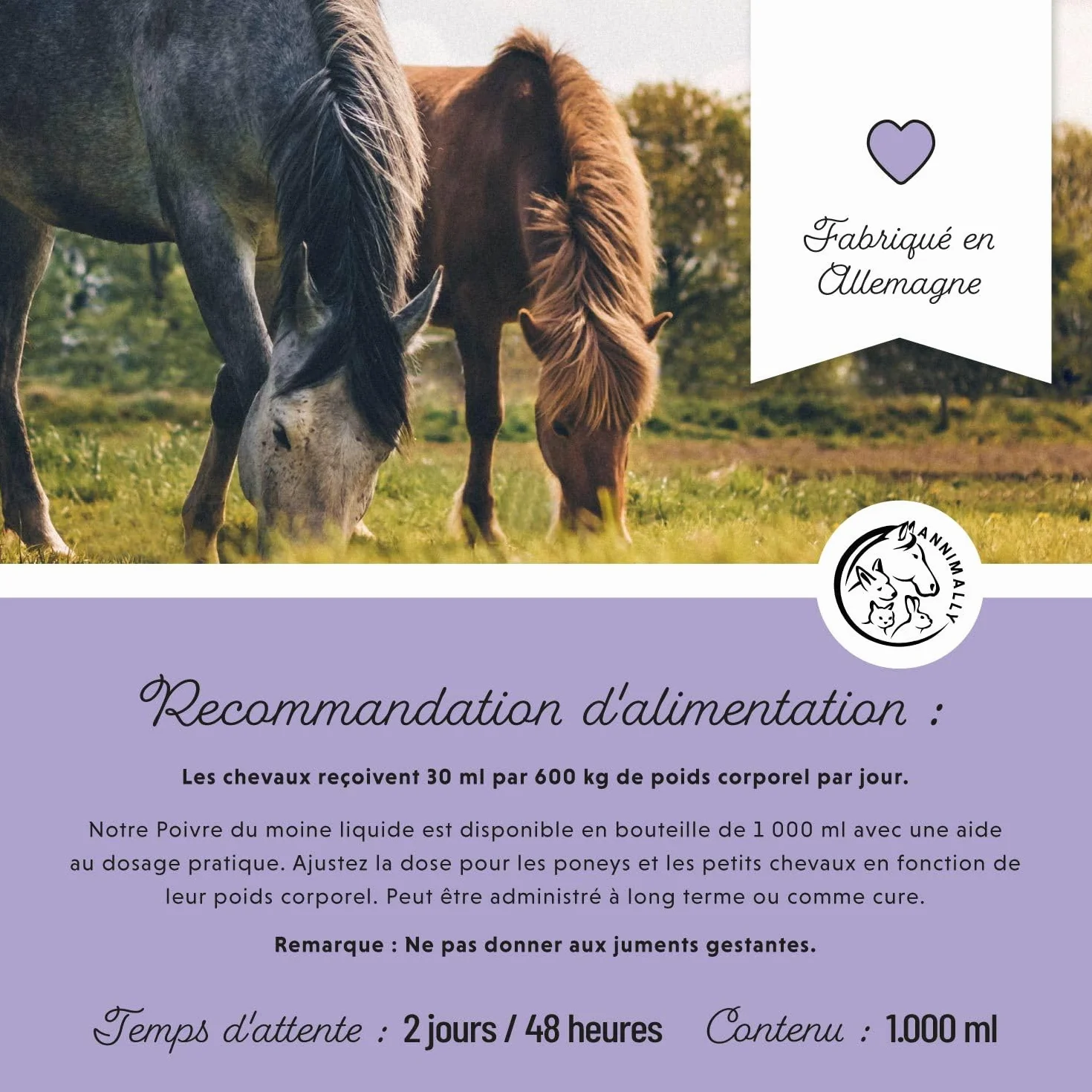 Annimally Liquide de Gattilier pour Chevaux 1000ml Ashwagandha Magnésium Racine de Réglisse