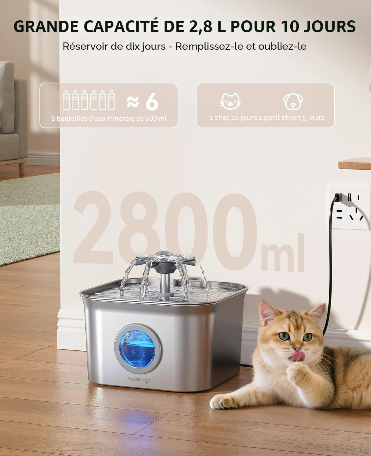 FEELNEEDY Fontaine à Eau pour Chat INOX 2,8L avec 3 Filtres, Système Quadruple Filtration