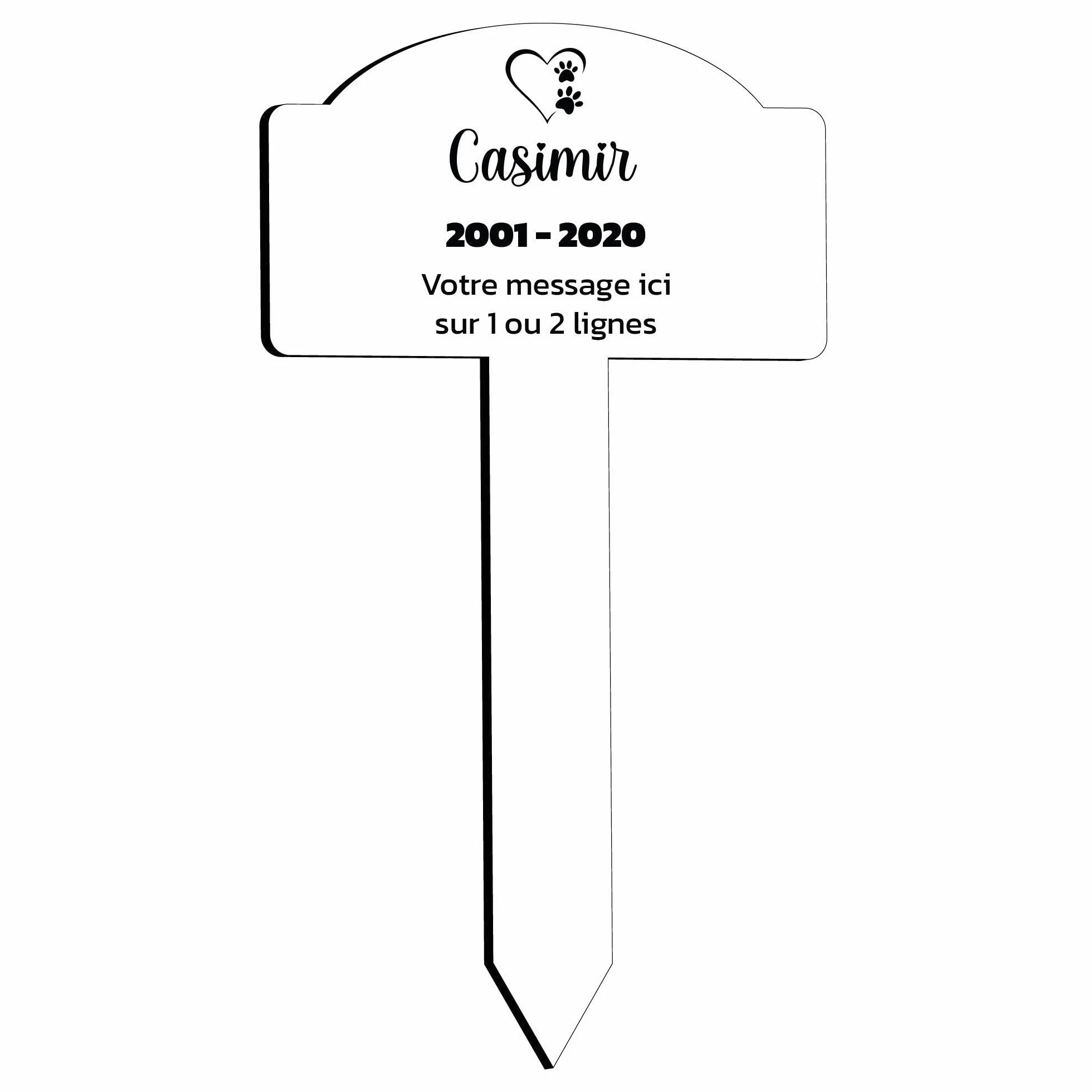 Plaque gravée funéraire pour animaux Coeur 2 empreintes patte 25x14 cm personnalisée 1-3 lignes Blanc écriture Noire