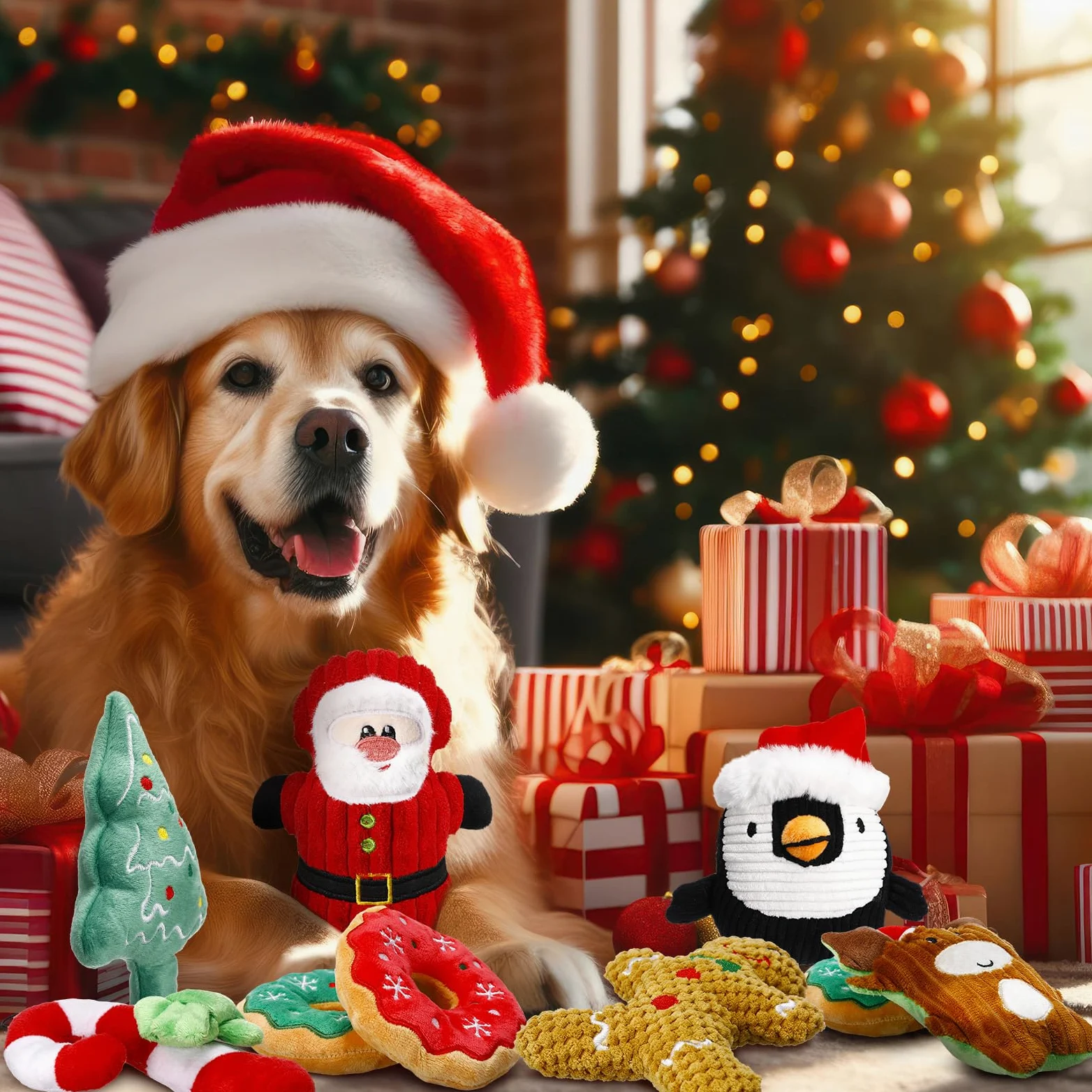 Lot de 8 jouets de Noël pour chien - Jouets couineurs interactifs en peluche avec couineur pour chiens de petite, moyenne et grande taille - Nettoyage des dents
