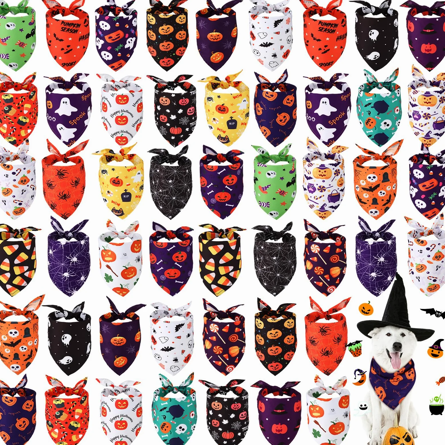 Silkfly Lot de 50 bandanas d'Halloween pour chien en vrac pour chiens, bavoirs triangulaires pour chien, bandanas pour chien avec motif citrouille et araignée, écharpe pour animal domestique pour