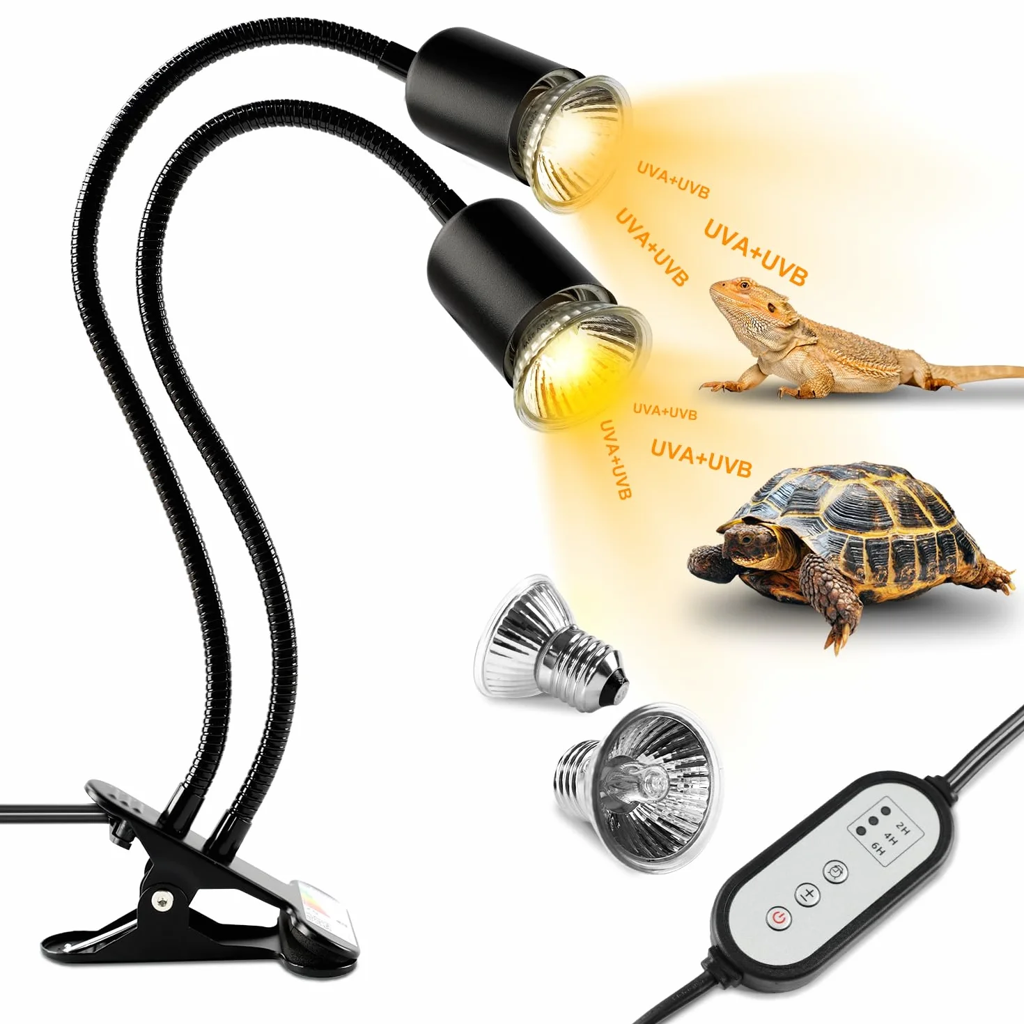 Lampe Chauffante Tortue à Deux Têtes 25W+50W Reptiles E27 UVA+UVB avec Minuterie Noir