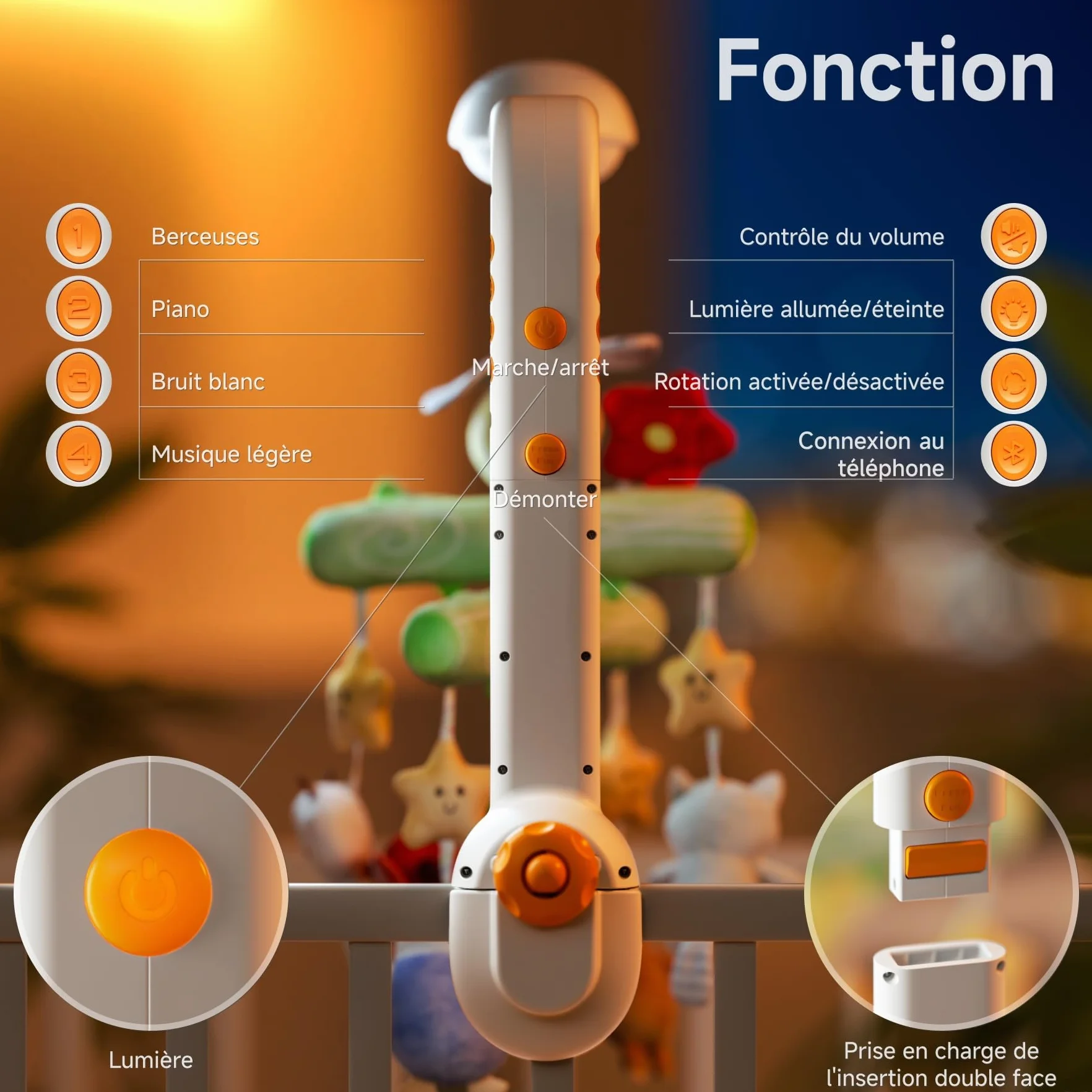 Veilleuse Bébé avec Projection Lumière, Mobile Musical Lit Bébé 0-9 mois, Télécommande Jouet Sensoriel