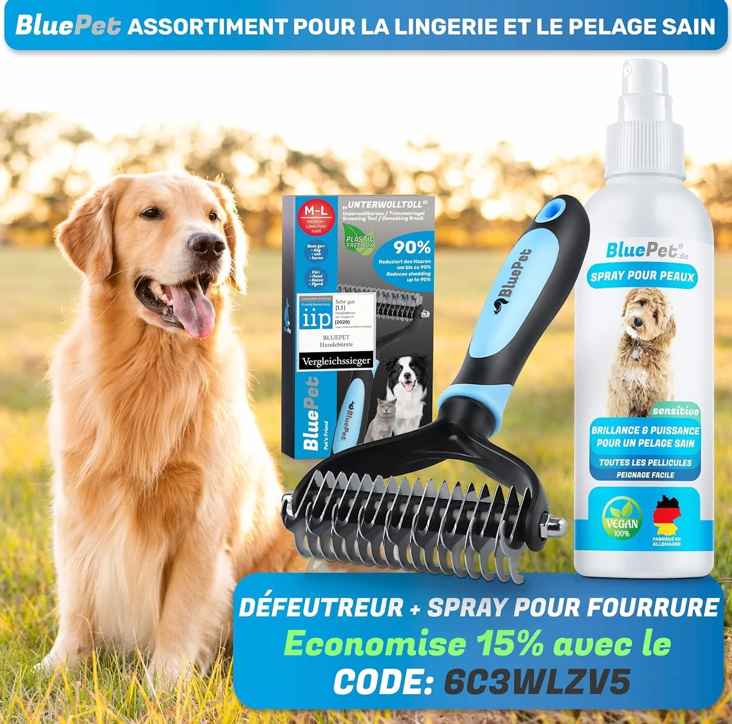 BluePet Brosse Chiens Chats Poil Long Peigne Démêlage Professionnel Sous Poil Nœuds Étrille Démêlant Râteau Toilettage