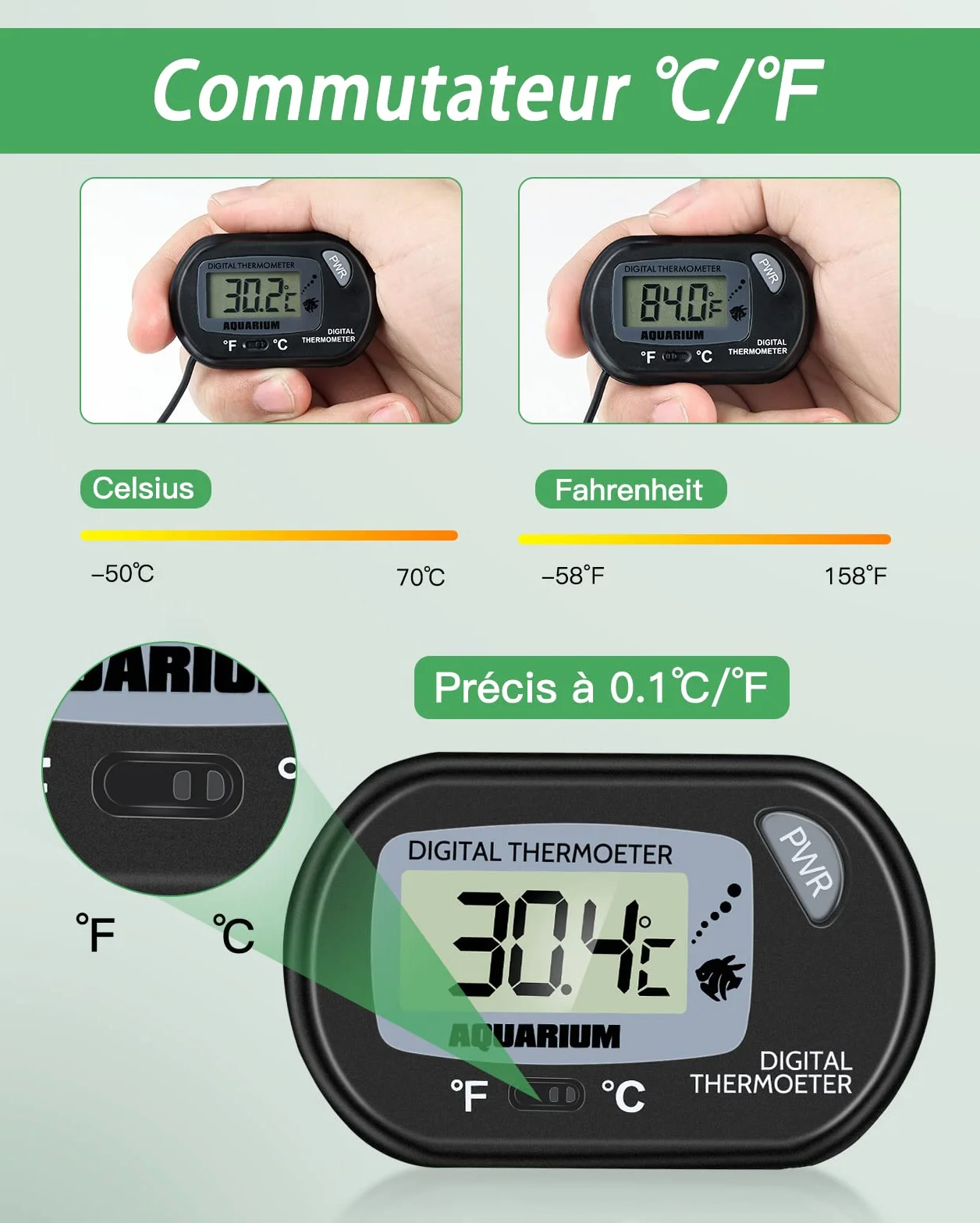 Zacro Thermomètre LCD Digital Aquarium avec Ventouse Sonde Immersion
