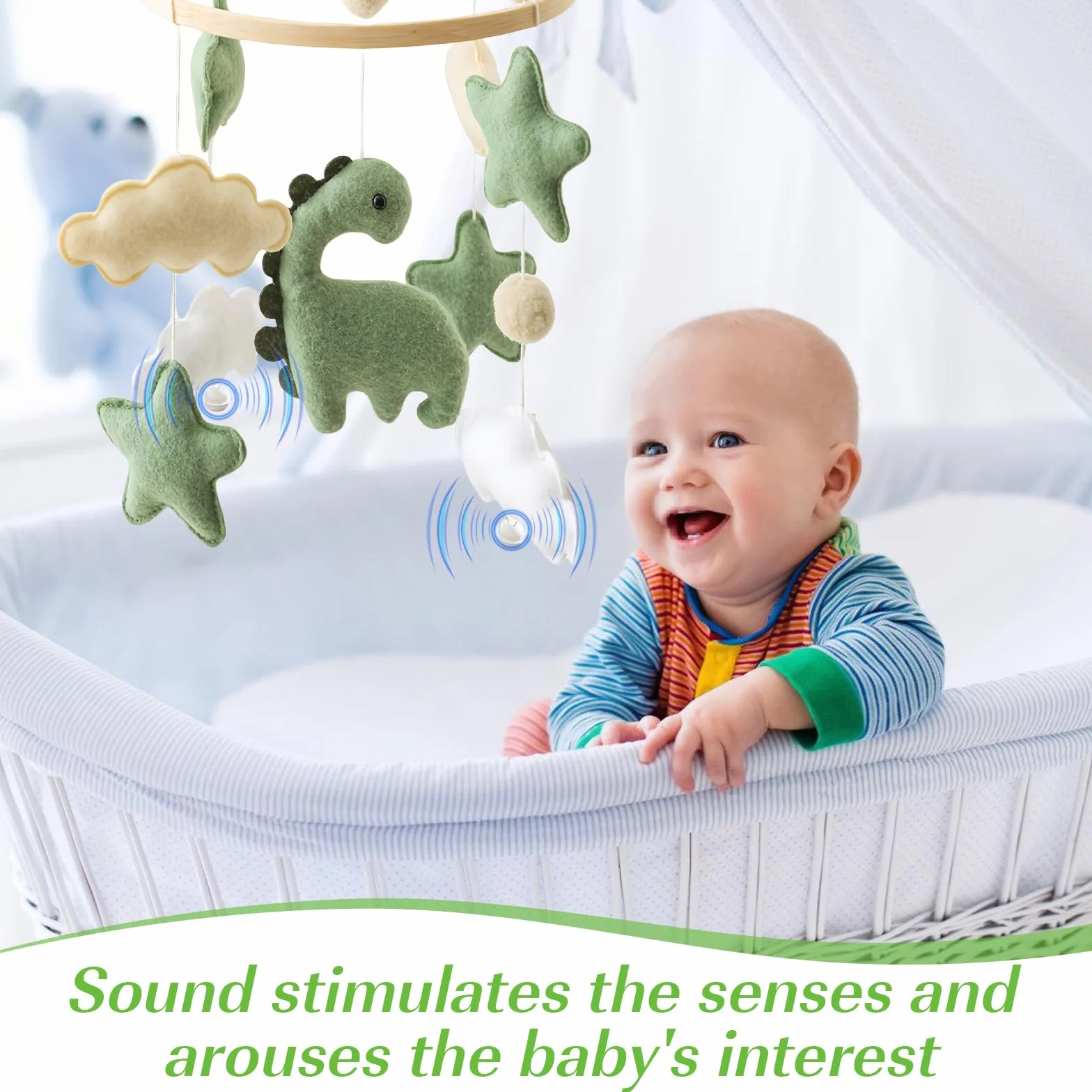 Carillon éolien bébé Dinosaure étoiles nuages Mobile bois lit bébé Jouet sensoriel Cadeau vert chambre enfant