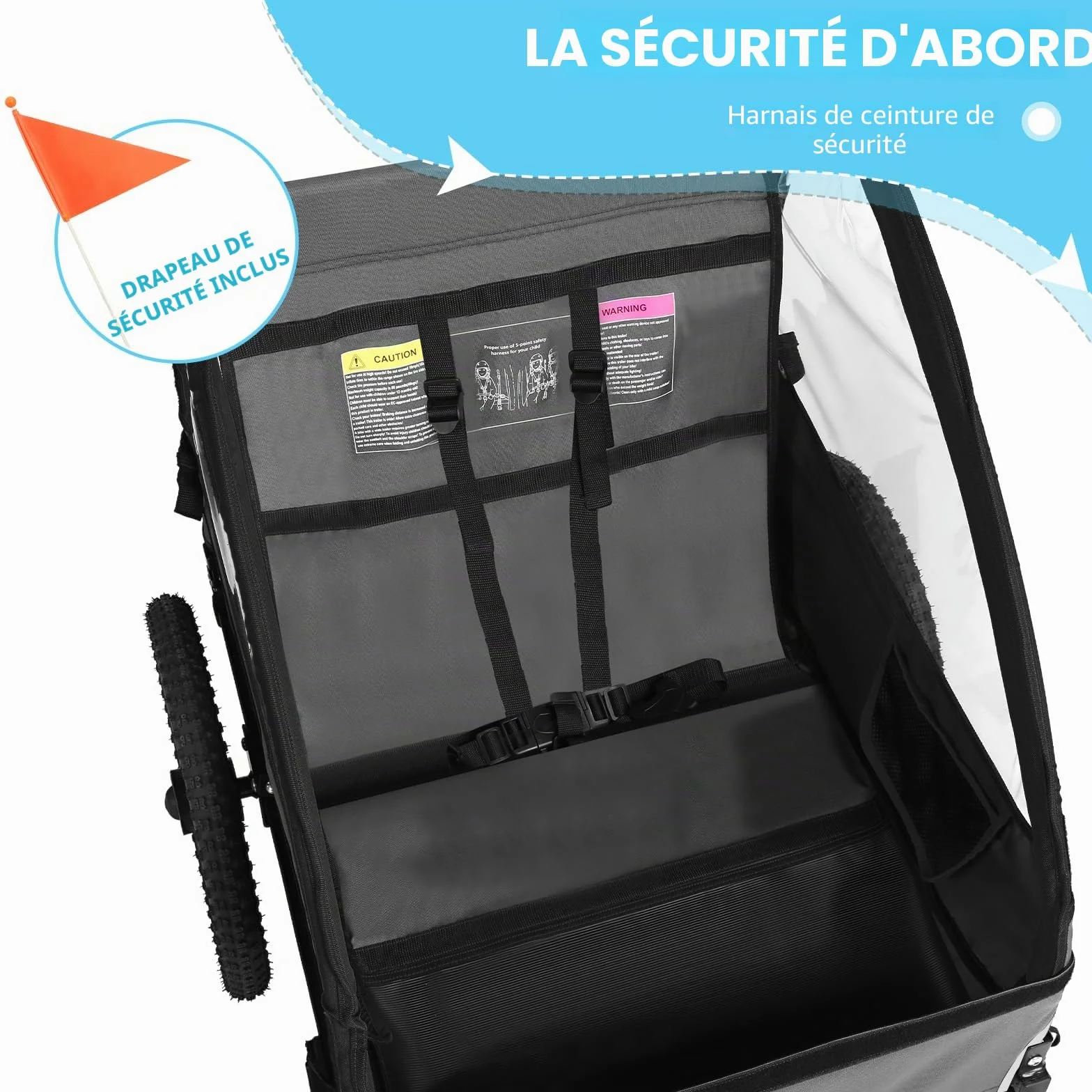 Remorque de vélo pliable pour 1 à 2 enfants à partir de 12 mois, fixation rapide, harnais 5 points