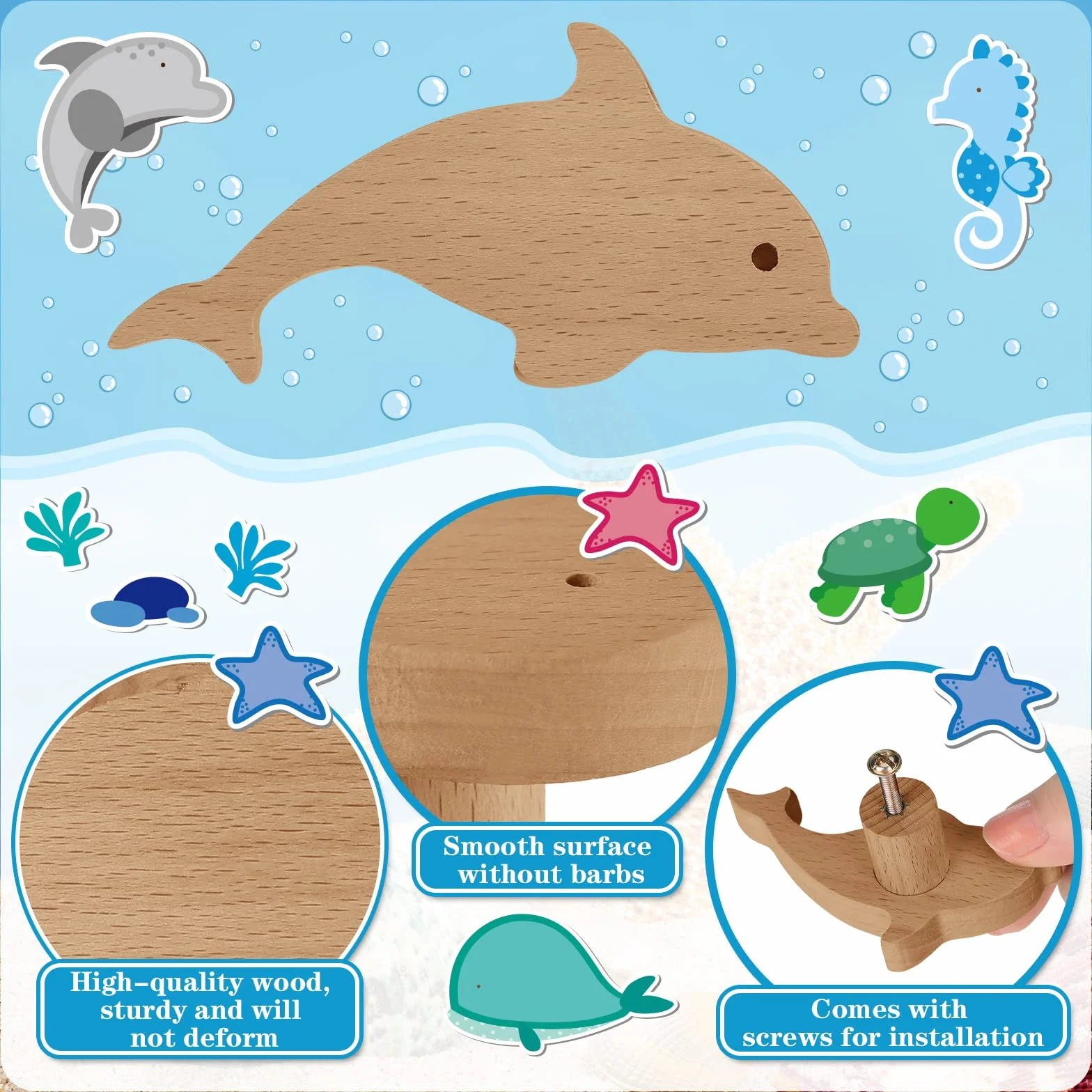 Lot de 6 boutons d'armoire en bois animaux marins – Poignées de commode décoratives avec vis – Poignées de meubles pour tiroir chambre enfant