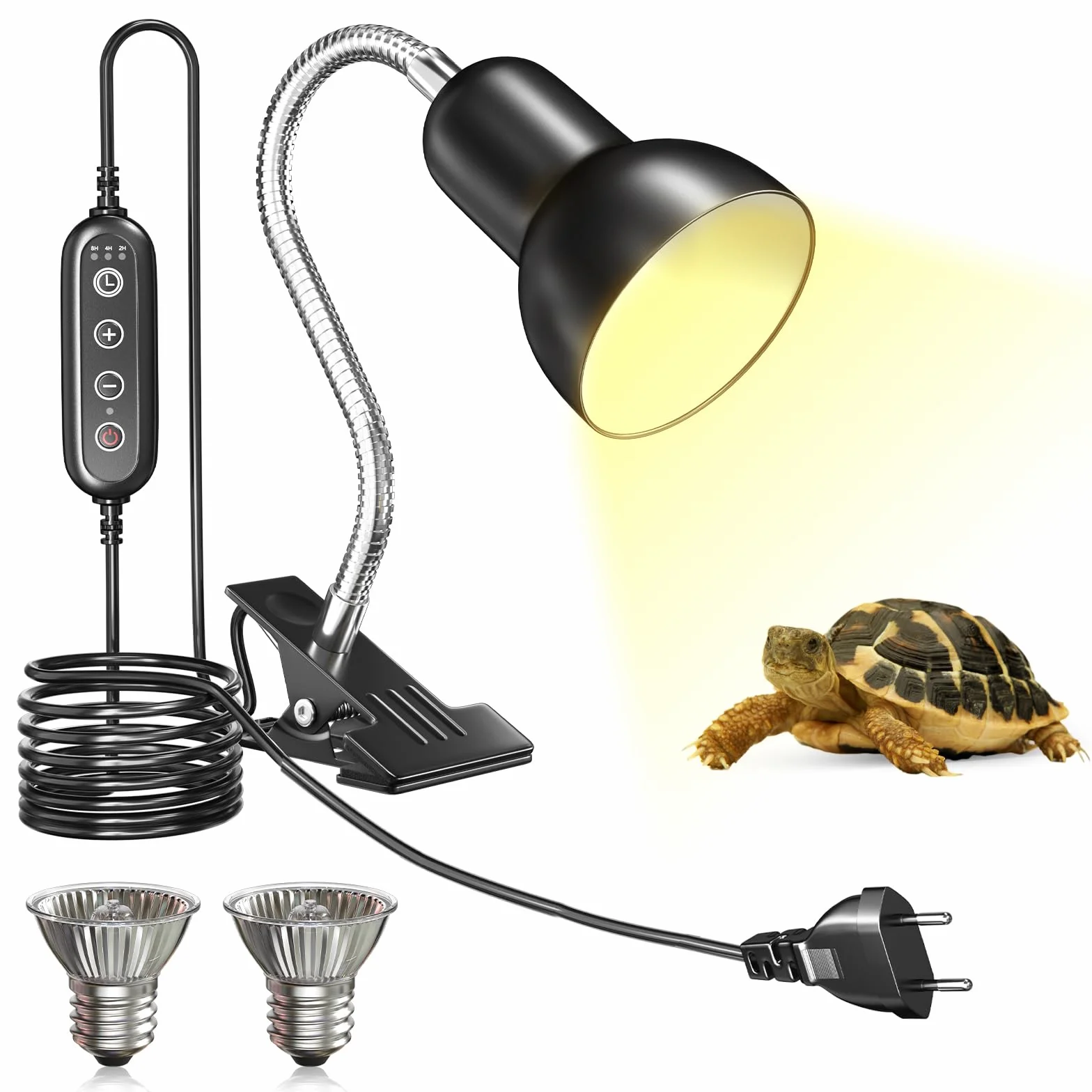 Lampe Chauffante Tortue E27 avec Minuterie et Contrôle de Température, 2x Ampoules 100W UVA UVB