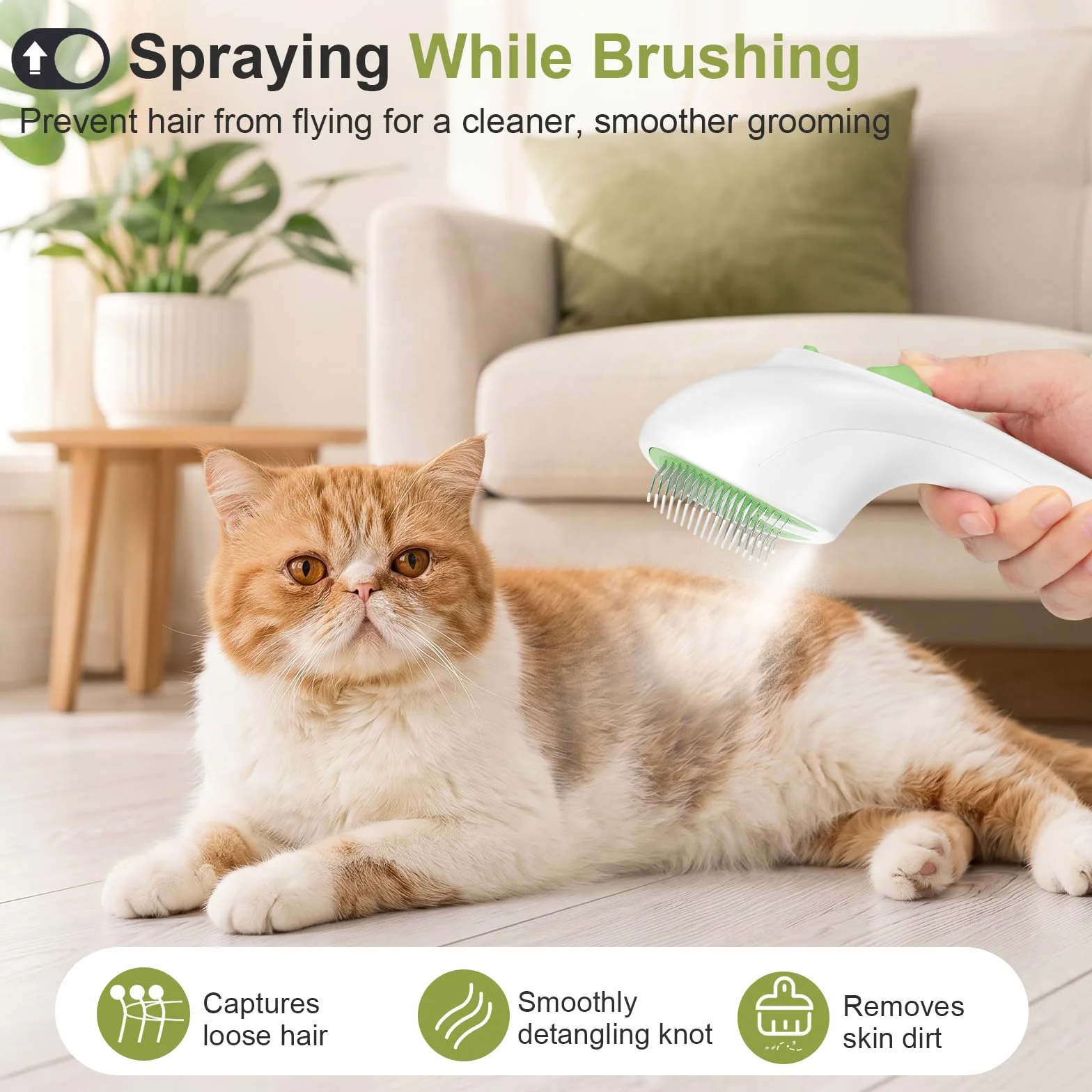 Brosse Vapeur pour Chat avec Bouton de Déverrouillage, Design Silencieux, Rechargeable pour Chats Chiens Lapins Vert