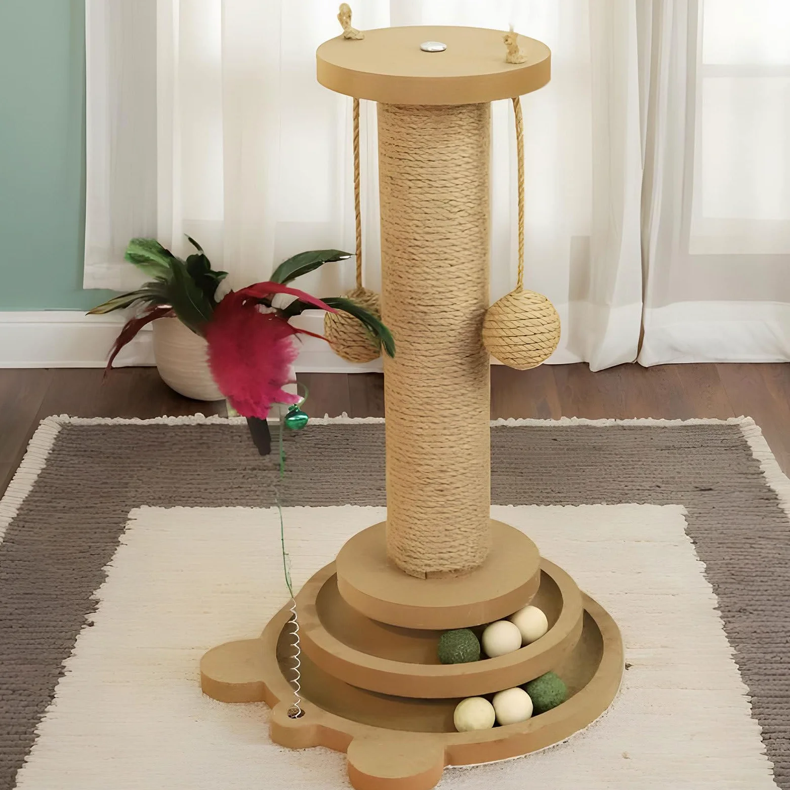Griffoir À Griffes pour Chat Circuit À Balle pour Chat | Cadre d'Escalade Vertical avec 2 Boules de Sisal Adapté aux Grandes et Petites Tailles Zone de Détente pour Chaton