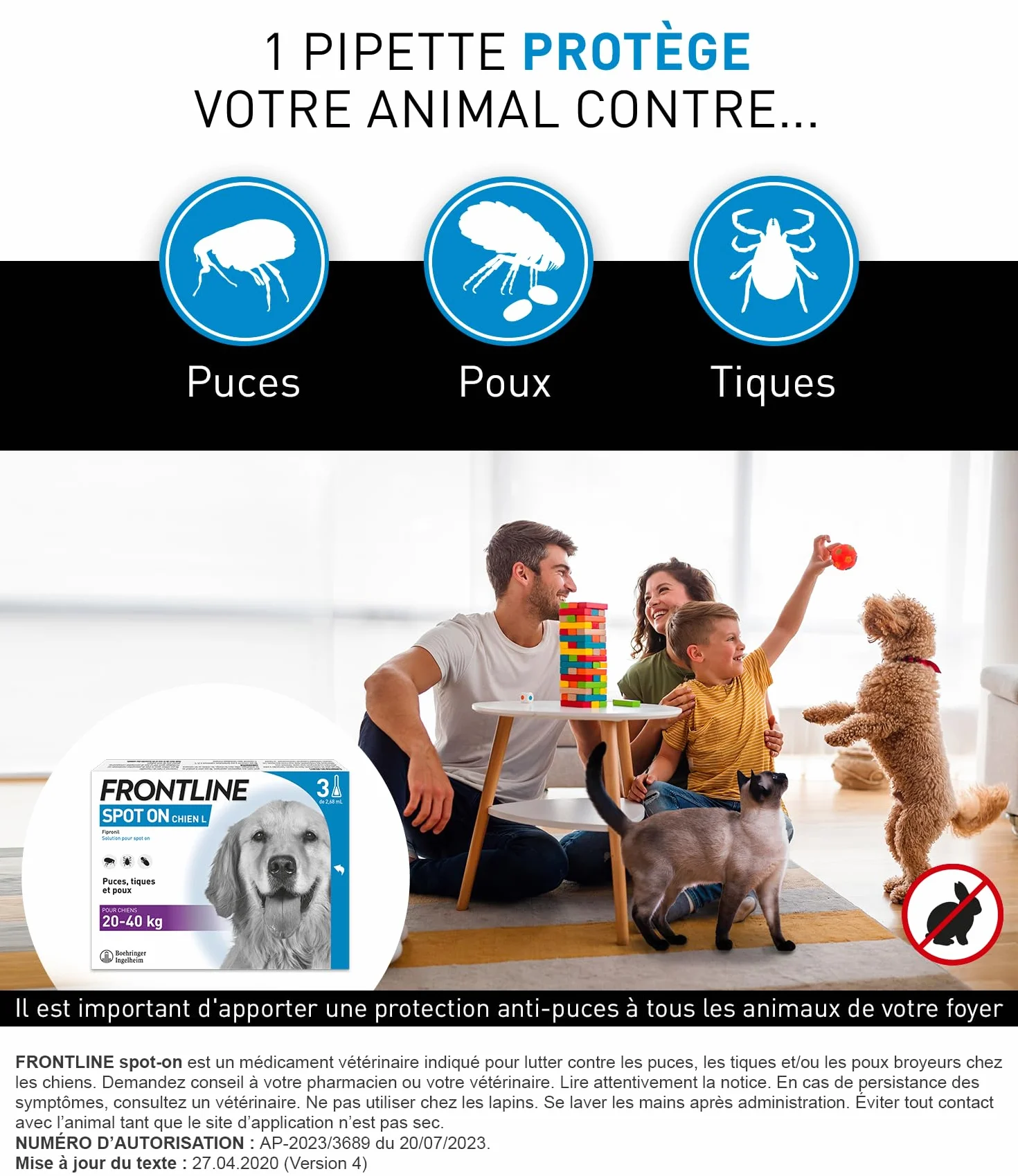 Frontline Spot on Chien Anti Puces Anti-Tiques 3 Pipettes 20-40 kg Fabriqué en France