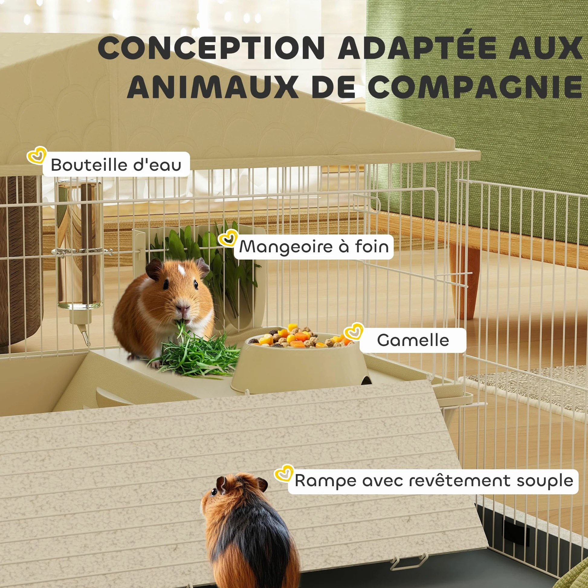PawHut Cage Cochon d'Inde avec Parc Amovible 4 Roues pour Hérisson Beige | Cage pour Petits Animaux, Tapis Imperméable, Balcon, Bol d'Alimentation, Rampe à Couverture Souple