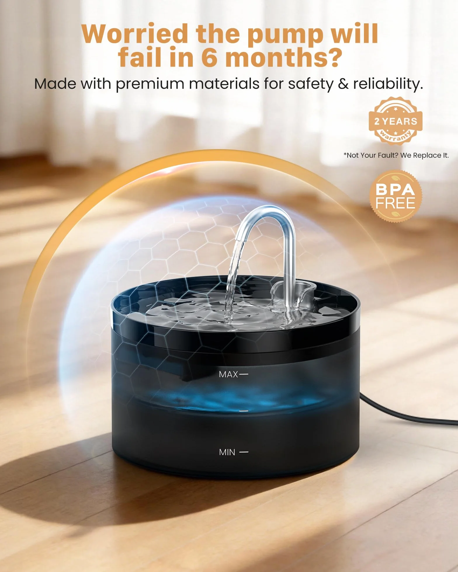 Fontaine à Eau pour Chat 2L avec Forme de Robinet, Pompe Silencieuse, Filtre à Poils, Débit Réglable, Noir