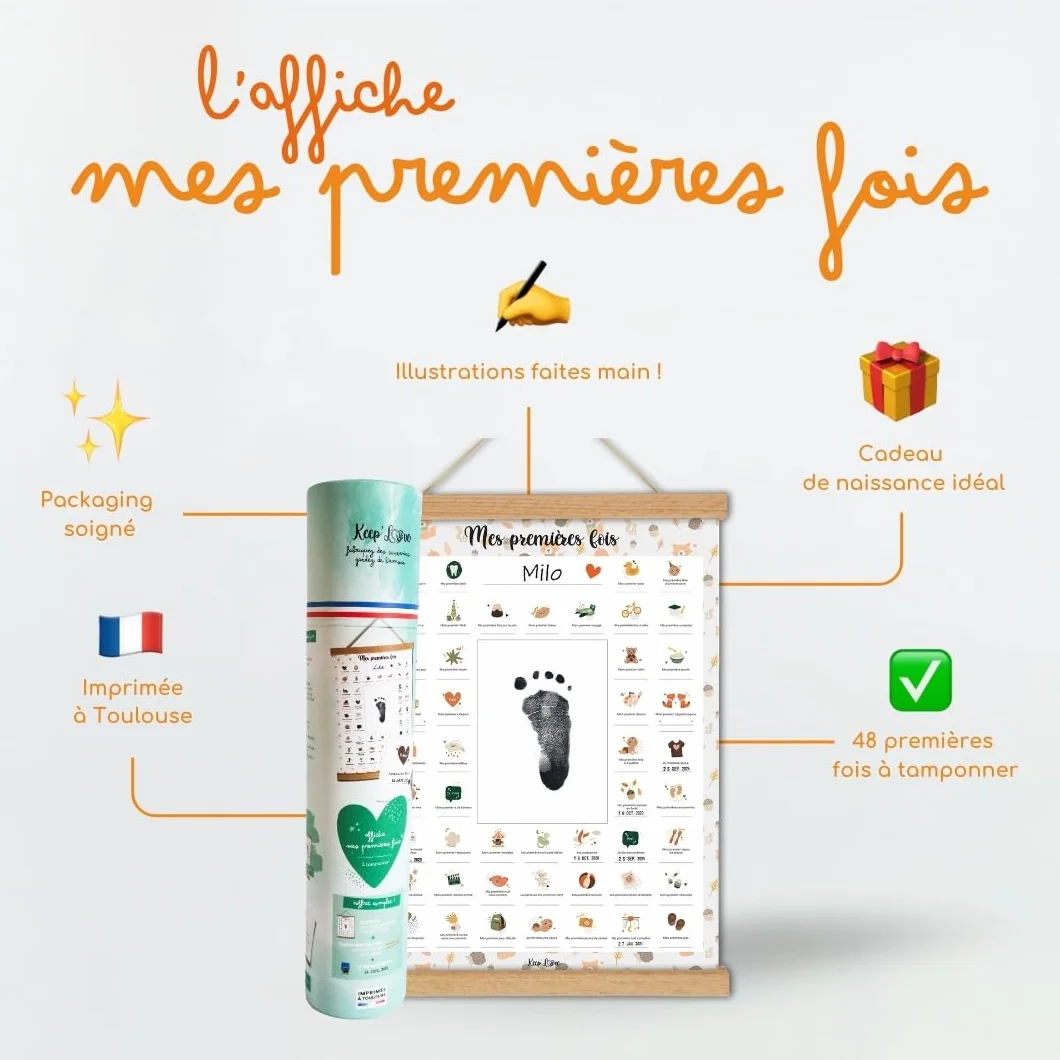 Pack Affiche "Mes Premières Fois" à Tamponner + Tampon Dateur + Baguettes de Suspension - Cadeau de Naissance, Décoration Chambre Bébé, Grand Format A3 (Modèle Renard)