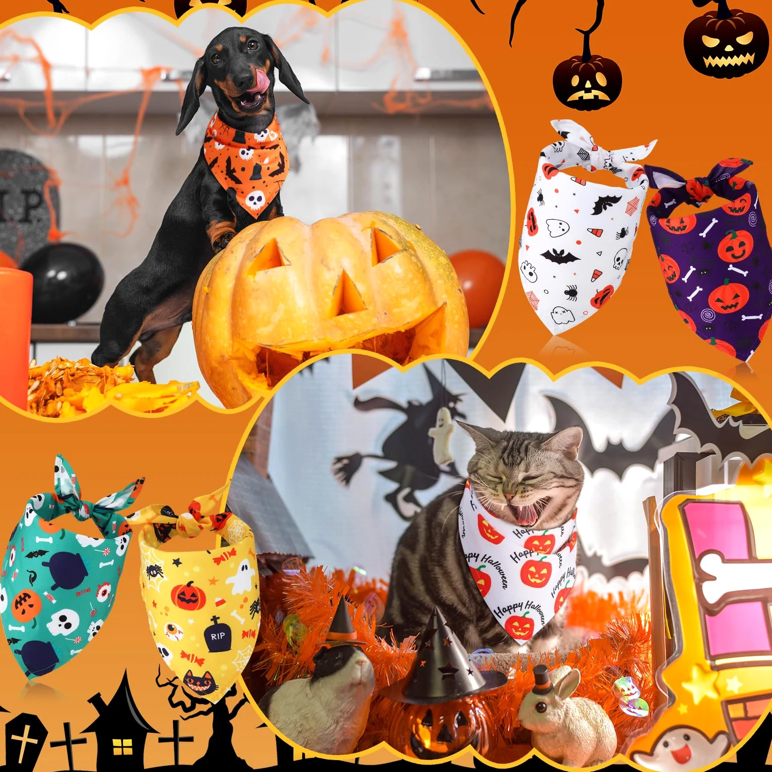 Silkfly Lot de 50 bandanas d'Halloween pour chien en vrac pour chiens, bavoirs triangulaires pour chien, bandanas pour chien avec motif citrouille et araignée, écharpe pour animal domestique pour