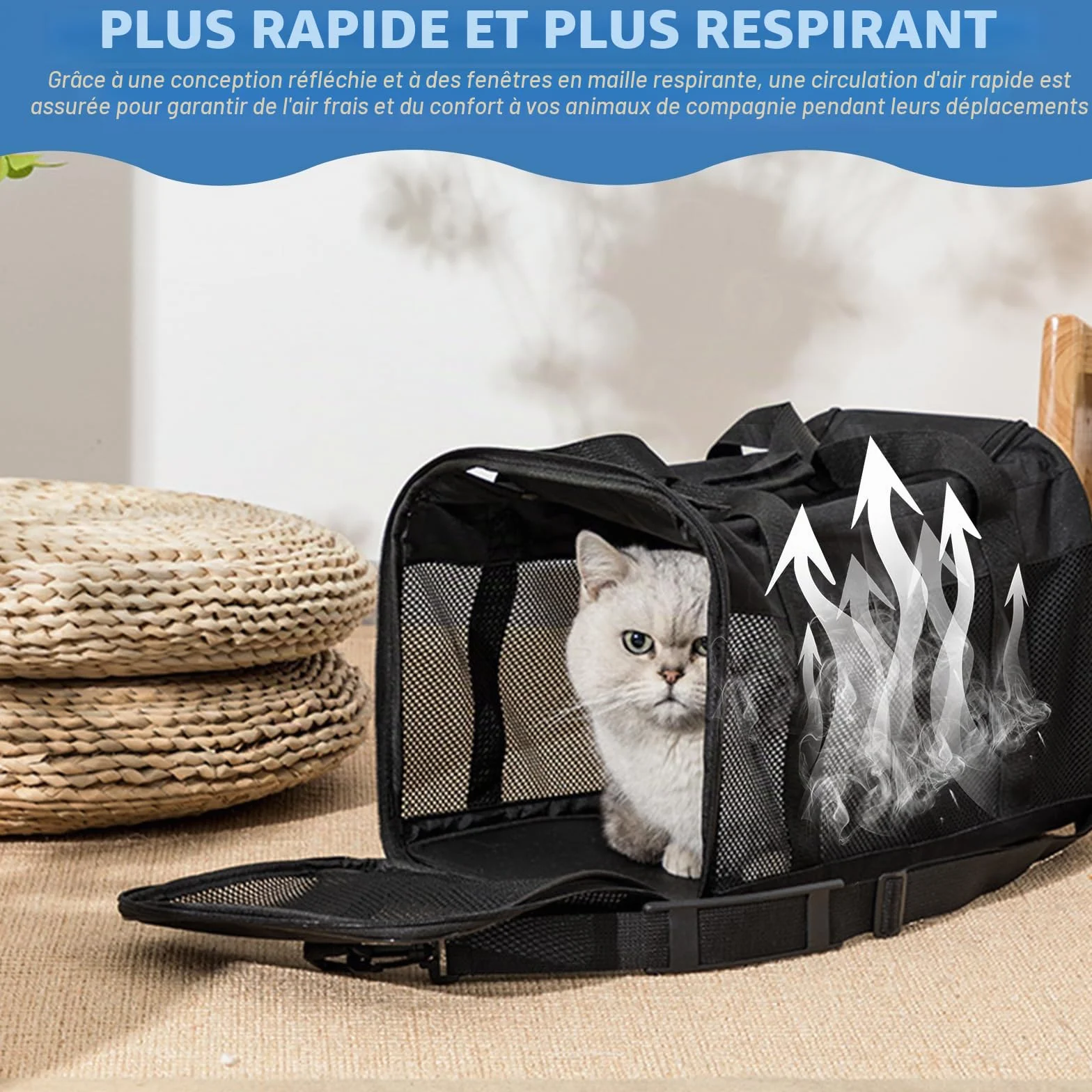 Sac de transport pliable pour chat et chien avec gamelle d'eau, bandoulière, 42 x 27 x 28 cm