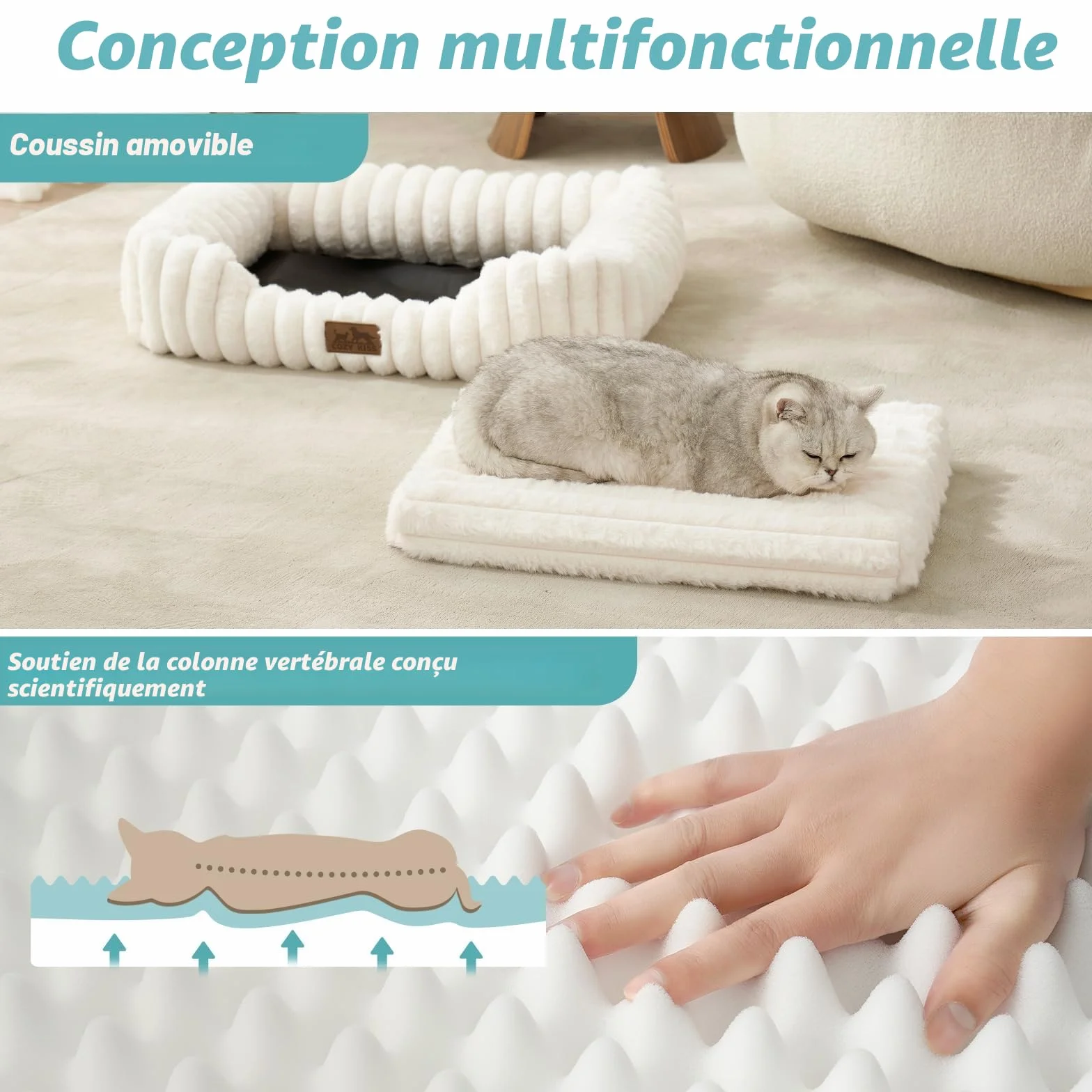COZY KISS Panier Orthopédique pour Chat Lavable en Fausse Fourrure 64x53x15cm Beige
