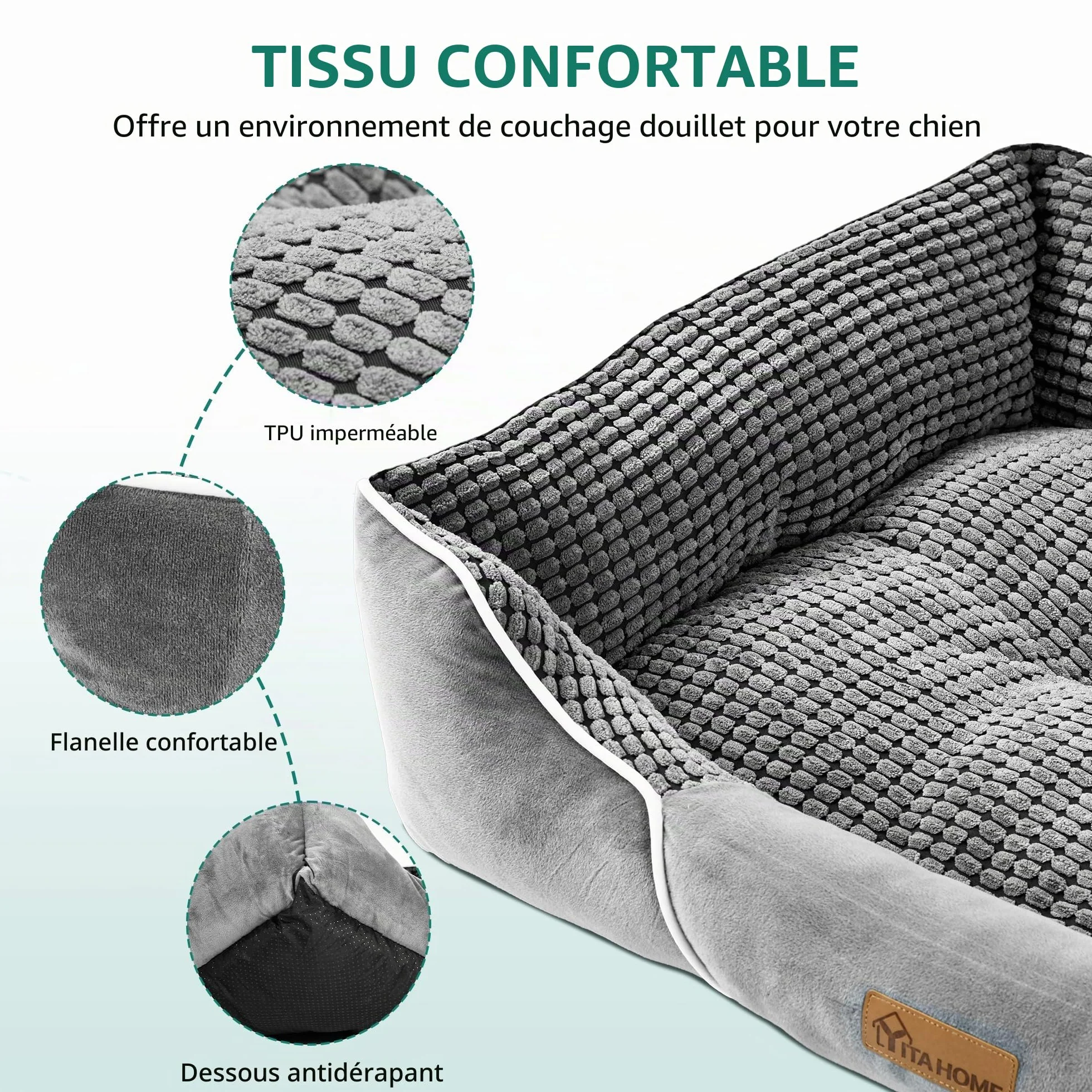 YITAHOME Panier Orthopédique pour Chien 51x48cm Gris Matelas Lavable