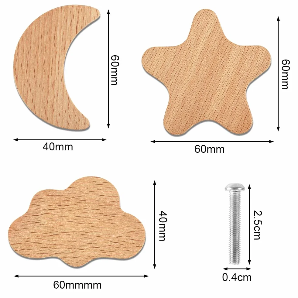 Poignées de Meubles en Bois Aolso, 6pcs Nuages Étoiles Lune, Poignée d'Armoire Tiroir Chambre Enfant