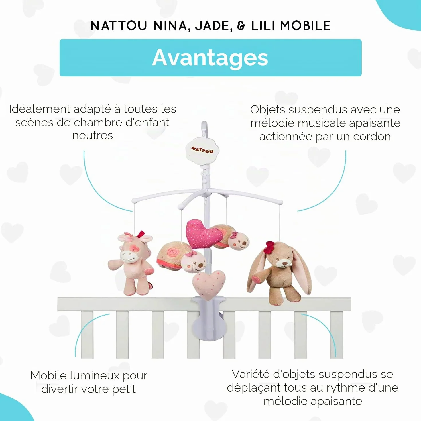 Nattou Mobile avec boîte à musique Nina, Jade et Lili, berceuse souple La-Lu, 48 x 7 x 15 cm, beige/rose/blanc