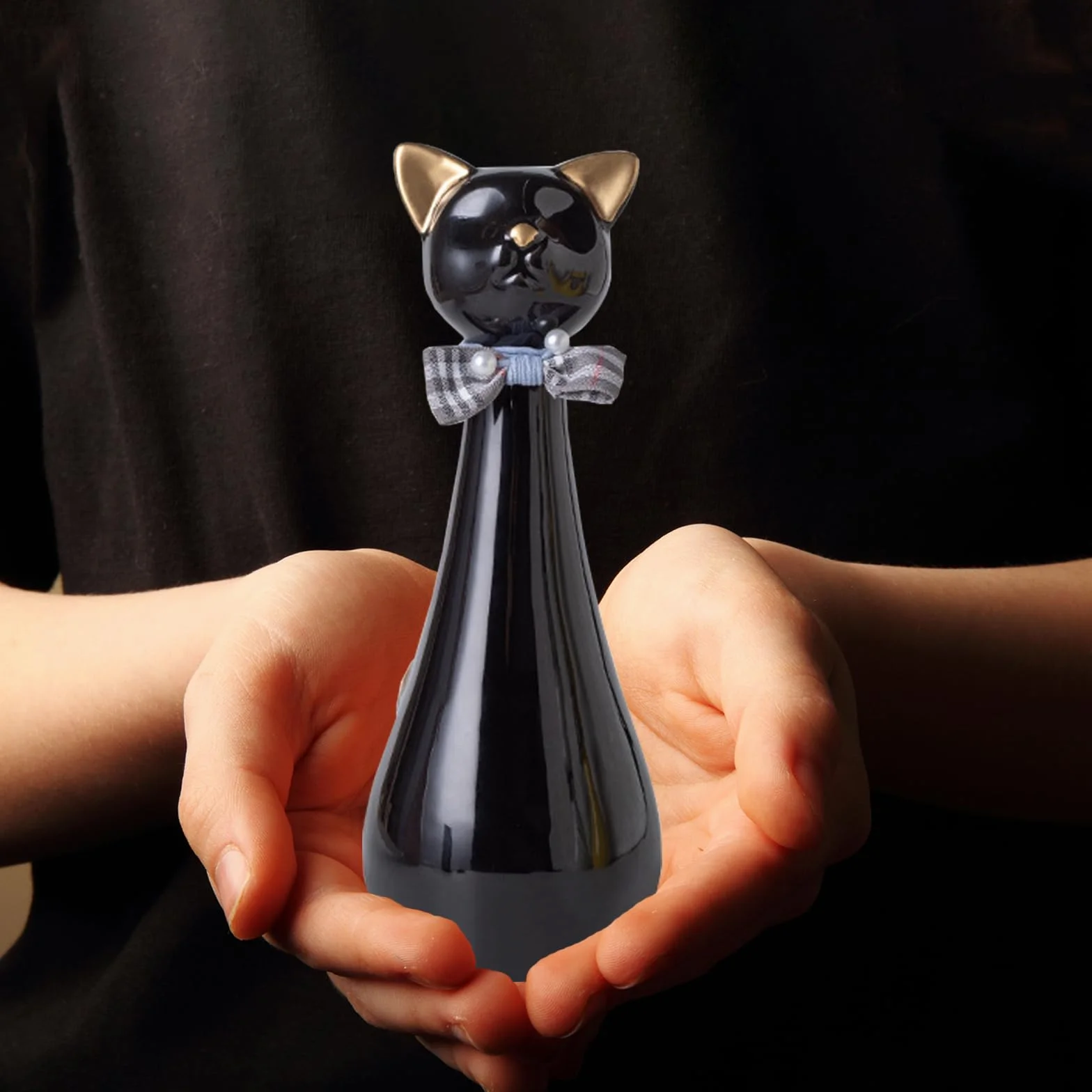 Urne Chat Chien Céramique 9,5 x 9,5 x 25,5 cm 550 ML Noire Collier Nœud Souvenir Animal