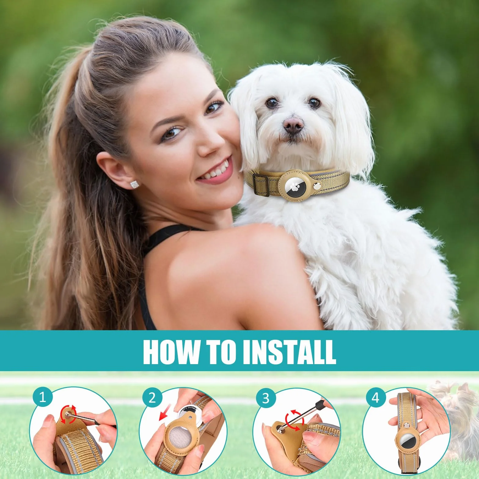 Collier Chien Réfléchissant Réglable en Nylon pour Apple AirTag avec Étui, Kaki S
