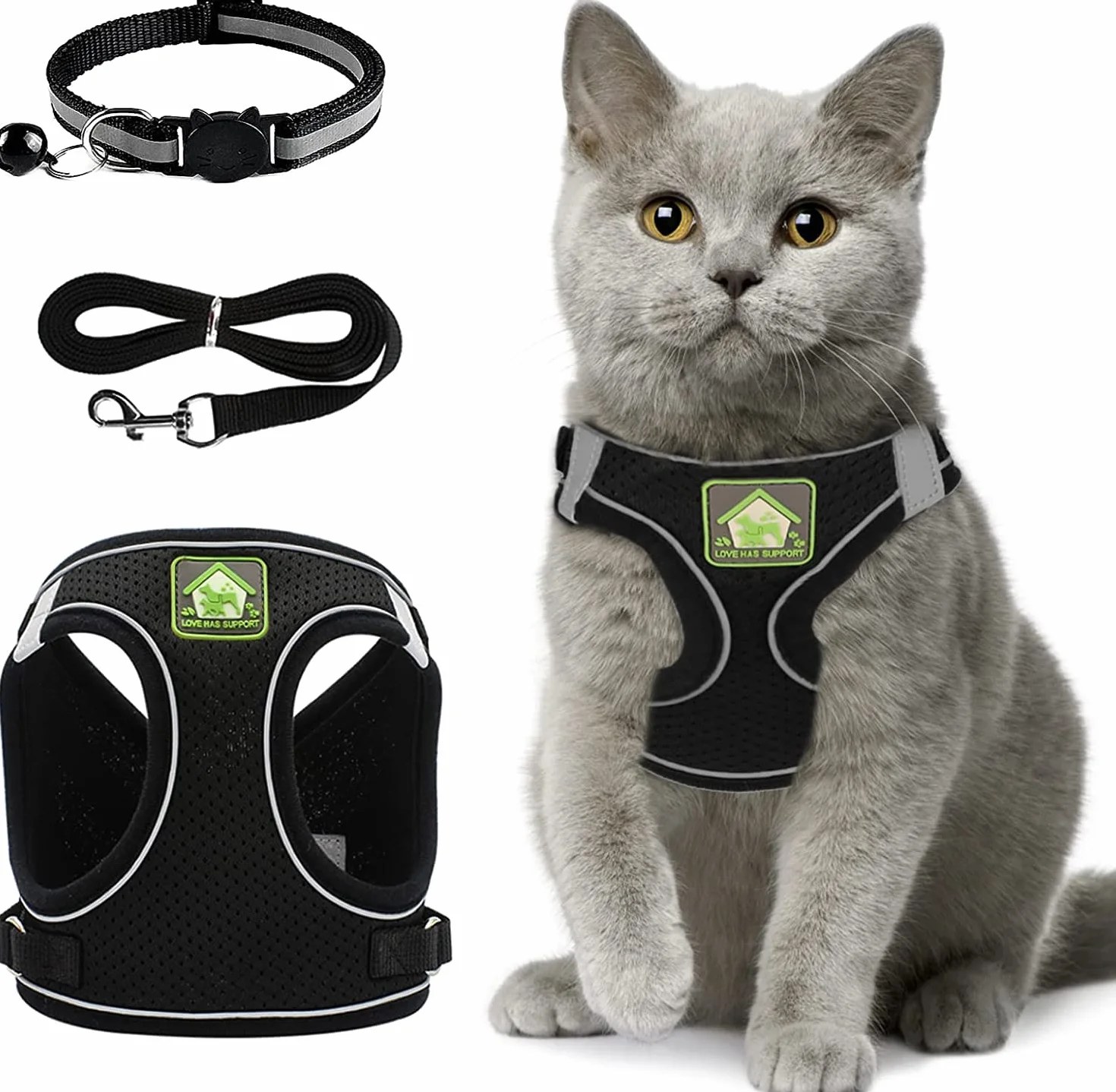Harnais Chat Anti évasion Réfléchissant Respirant Réglable avec Collier et Laisse en Maille pour Animaux de Compagnie Noir