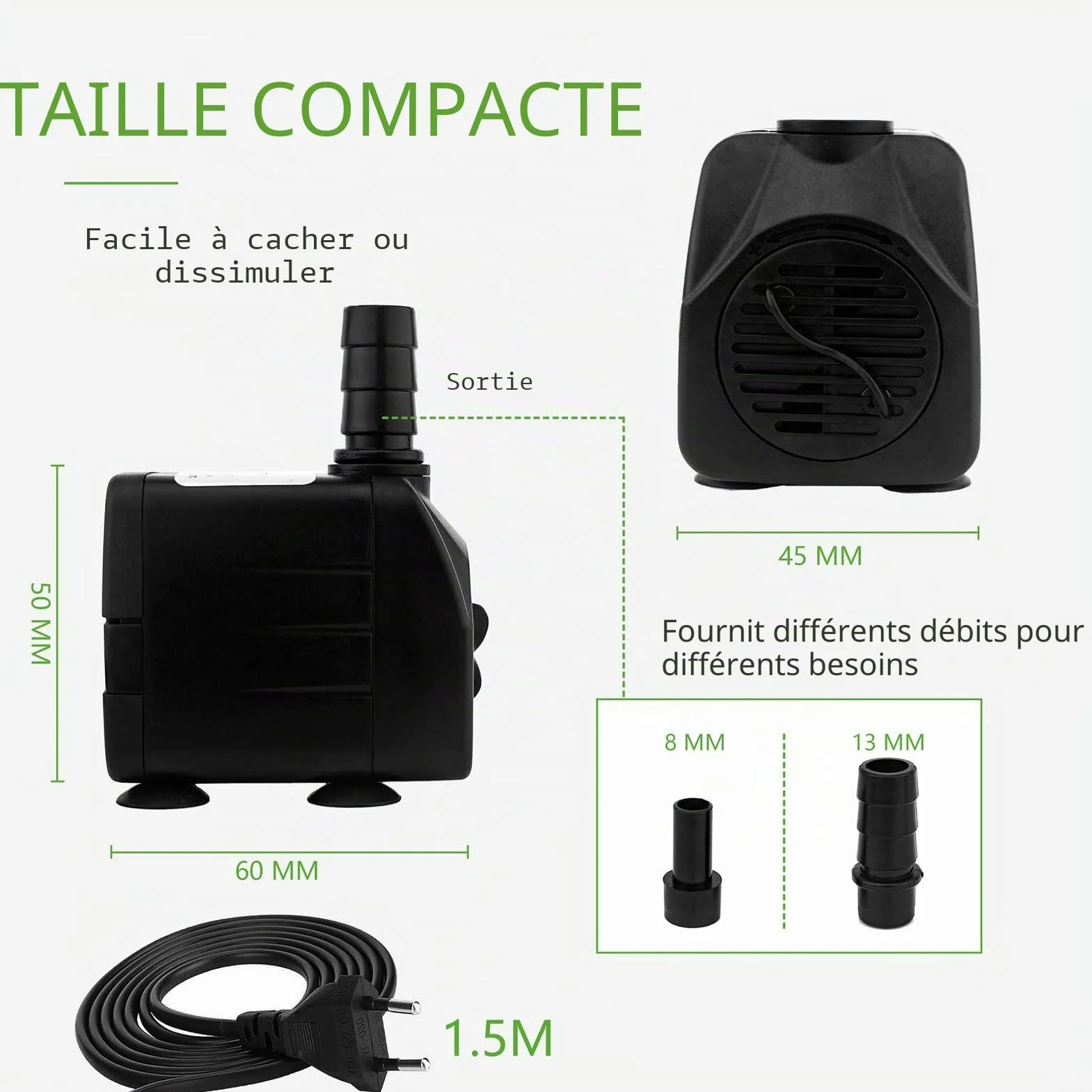 Pompe à eau d'aquarium silencieuse 600 L/H 10 W avec câble 1,5 m 2 buses pour aquarium bassin fontaine
