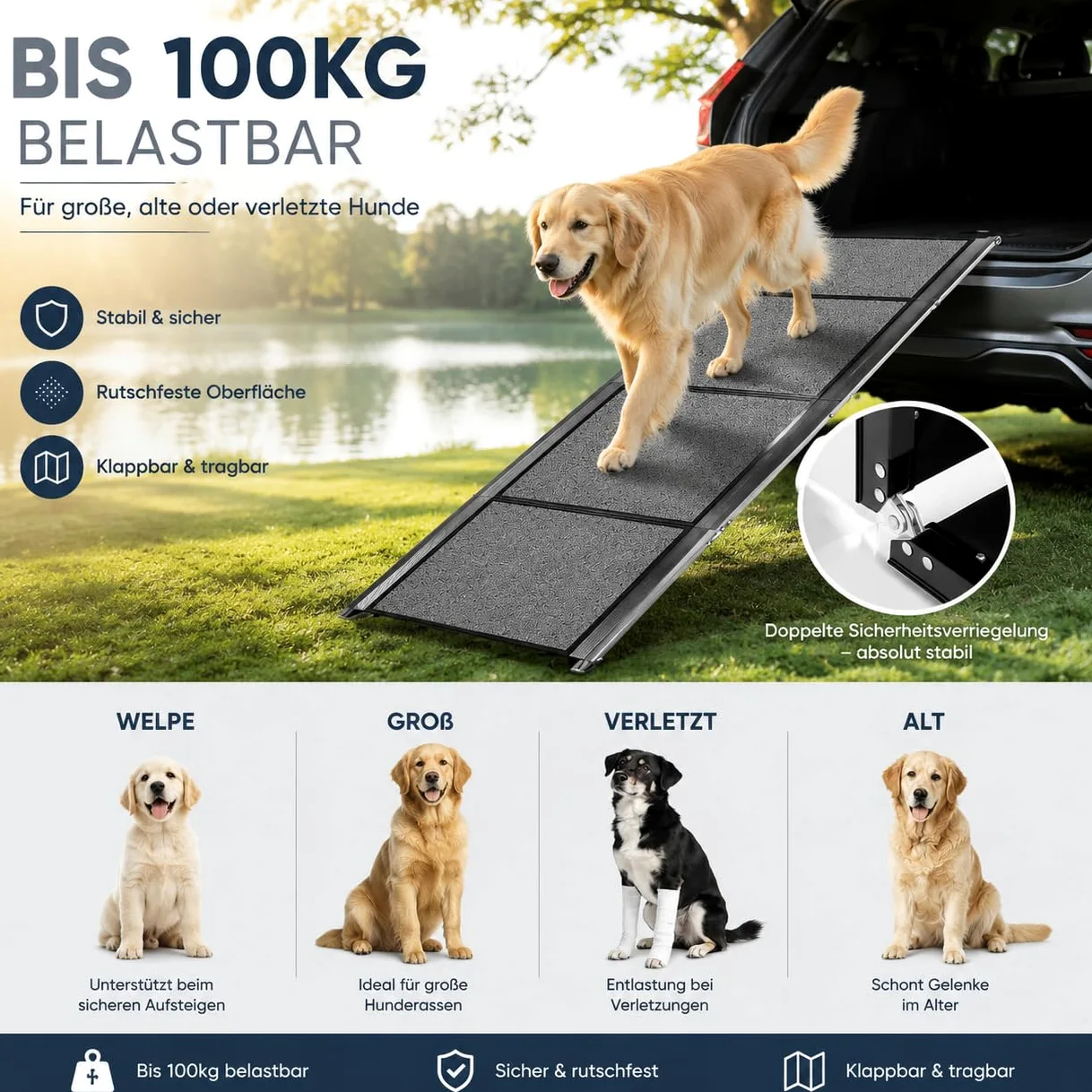 Rampe de voiture pliable pour chien - 170 x 44 cm - Extra large - Pour grands chiens jusqu'à 110 kg - Rampe de coffre de voiture antidérapante - Pour SUV, camion et lit mezzanine - Noir