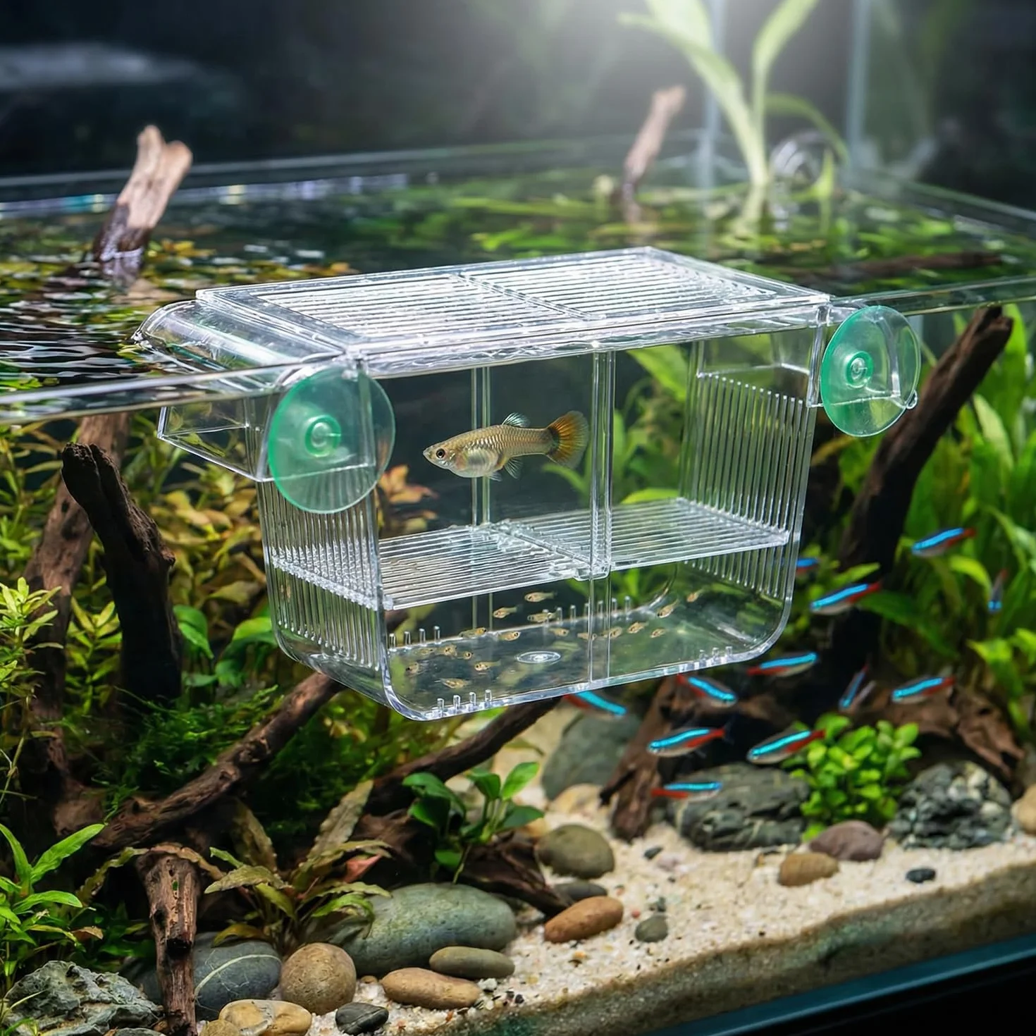 QWORK Boîte d'élevage Aquarium 127x30x51mm incubateur de Poissons avec ventouses pour alevins crevettes guppys