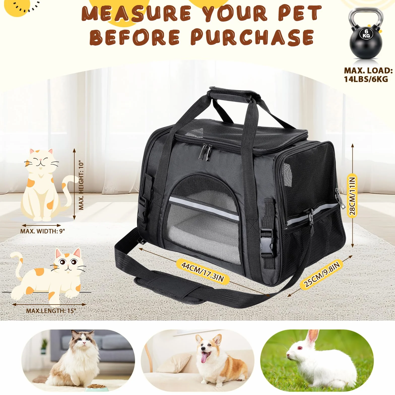 Romon Sac Transport Chat Chien Respirant Pliable 6 kg Matelas en Peluche Bandoulière Réglable 17.3x11x9.8 inch Noir