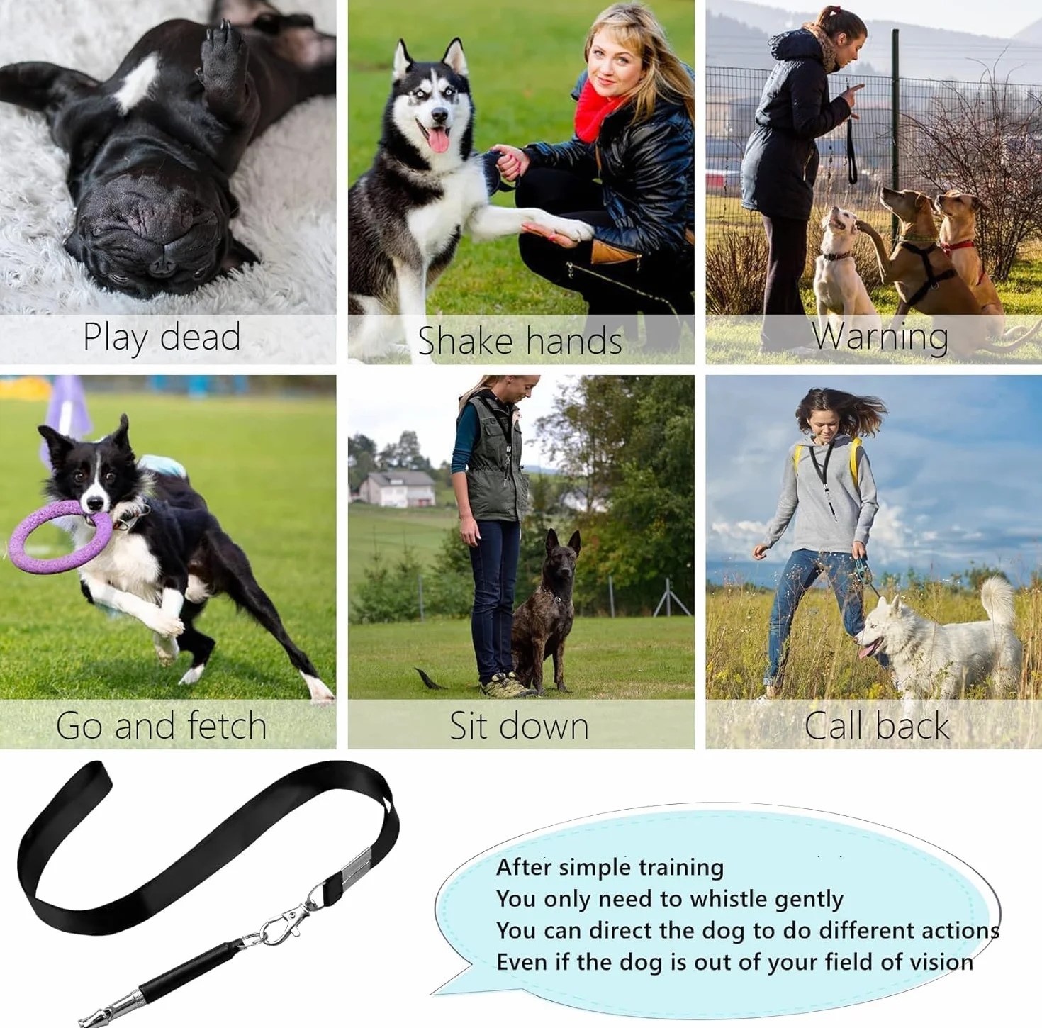 Sifflet Chien Anti Aboiement Ultrason Rappel avec Lanière Noir et Blanc