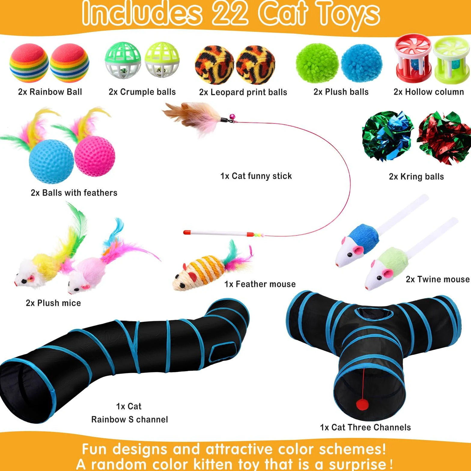 Poen Lot de 22 jouets pour chat avec 2 tunnels pliables et 20 jouets interactifs en plumes pour chat, souris moelleuse, balles froissées, pour chat, chaton et chiot (bleu, noir)