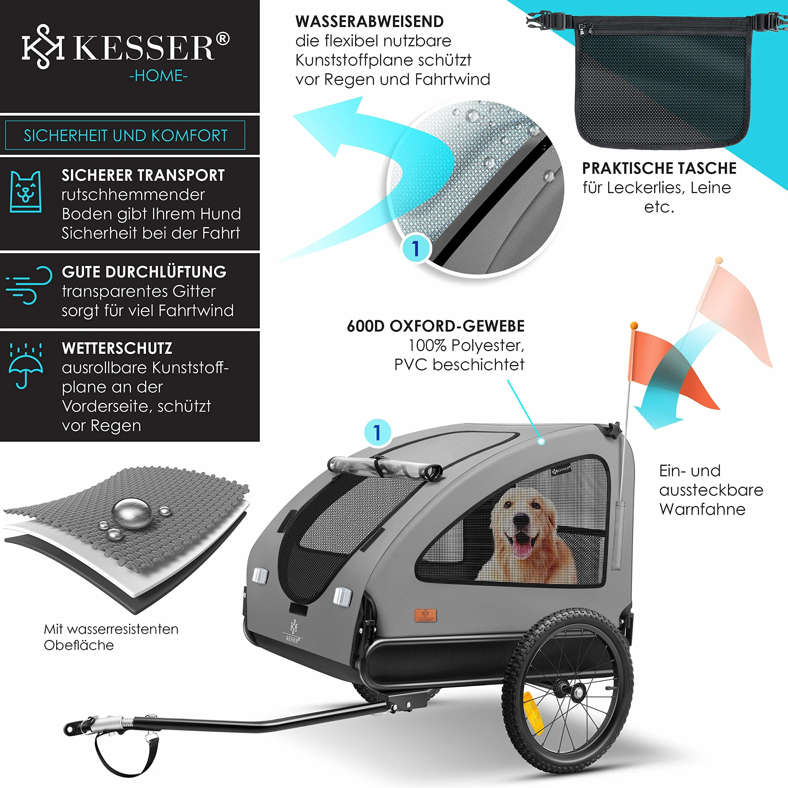 KESSER Chariot pour Chien 2-en-1 Remorque pour Chien Poussette Grand Volume 250 l Pliable Gris Noir