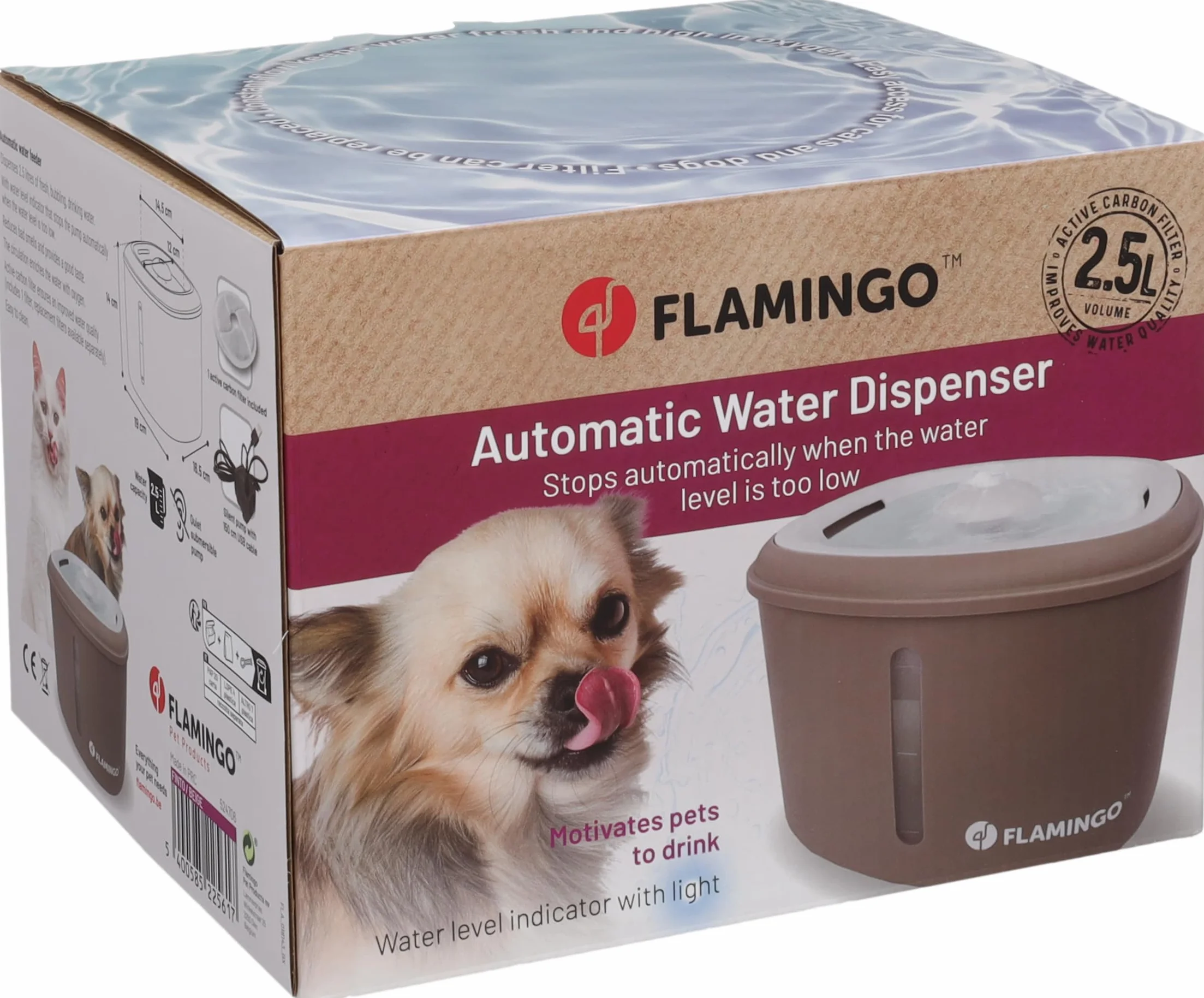 Fontaine à Eau Chat Flamingo Finto Beige 2,5L Plastique Pompe Silencieuse Arrêt Auto Filtre Charbon Actif Résine Indicateur Lumineux