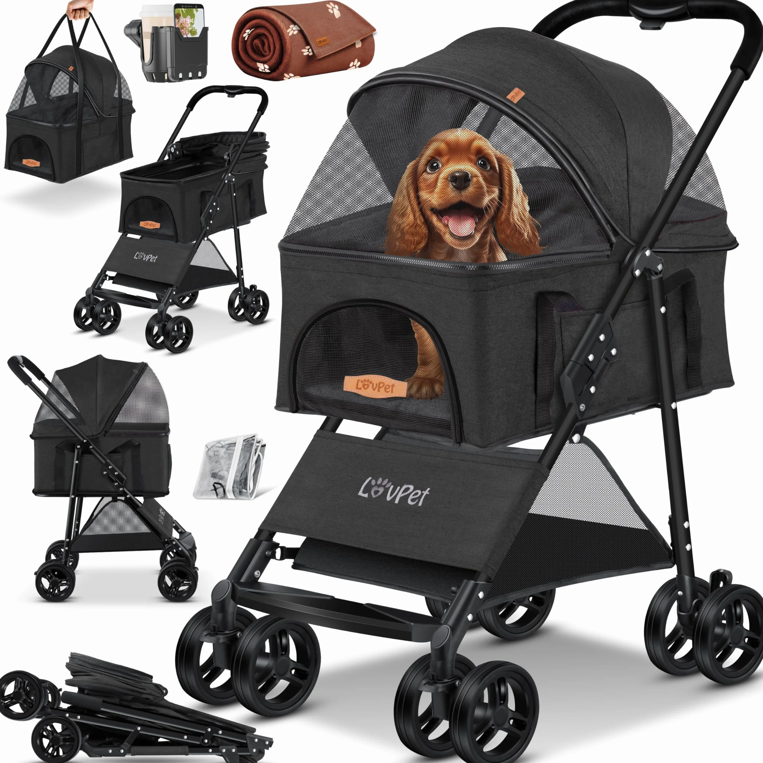 Lovpet Poussette 2 en 1 pour chien pliable jusqu'à 20 kg Anthracite