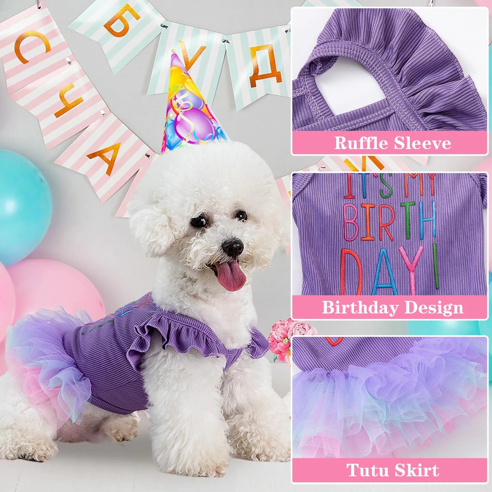 Robe d'anniversaire pour Chien C'est Mon Anniversaire, Robe Tutu Violette avec Volants et Dentelle